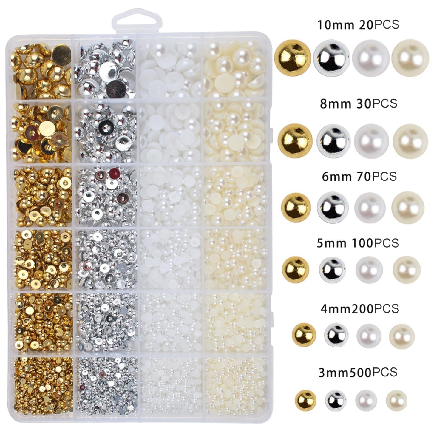 GZMAYUEN 920 Uds. Perlas planas doradas y plateadas para uñas, perlas de uñas color beige medio blanco, perlas pequeñas Halbrunde con parte posterior plana para decoración de uñas DIY