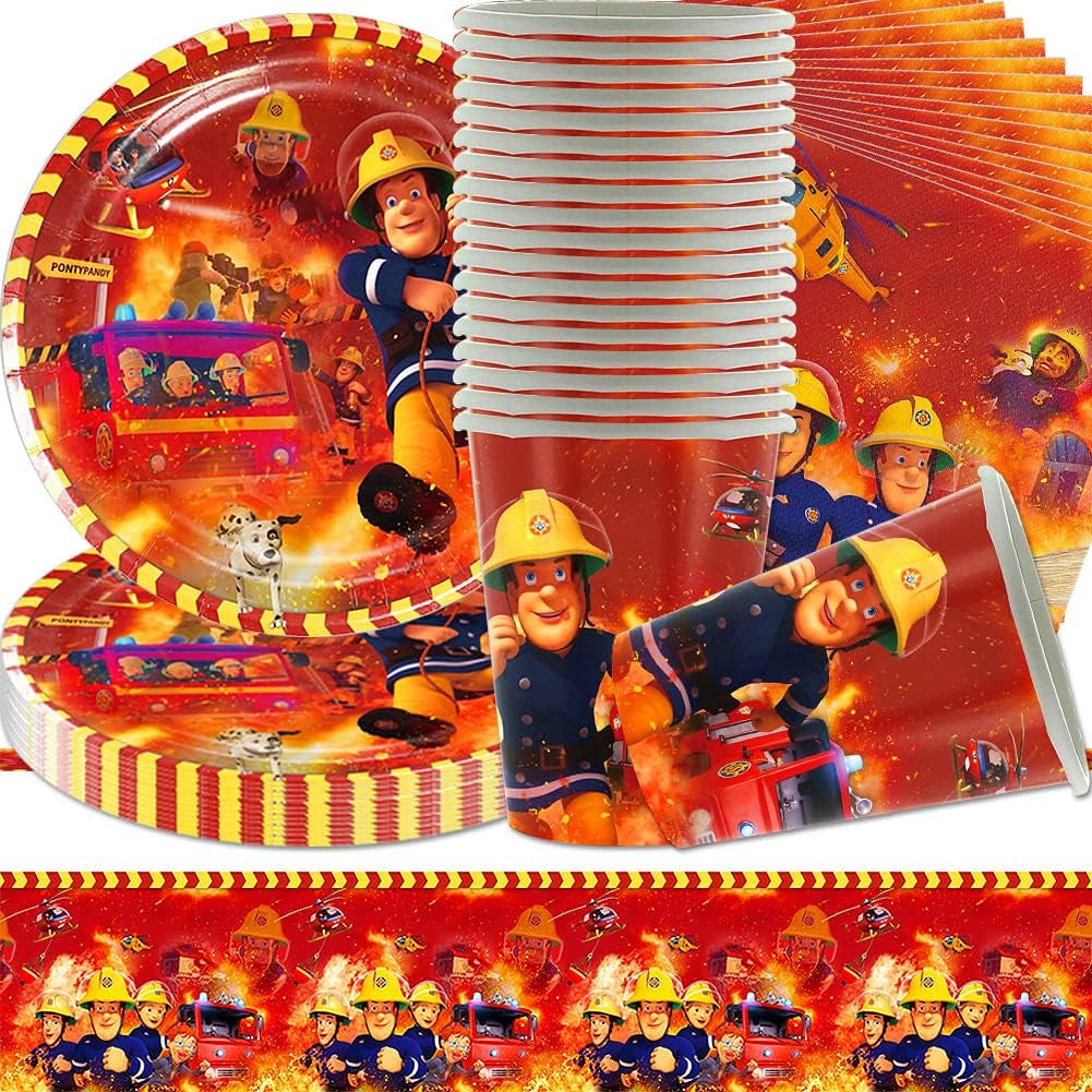 Juego de vajilla para fiesta temática de bomberos, decoraciones para fiesta de cumpleaños de bomberos, 61 piezas para 20 invitados