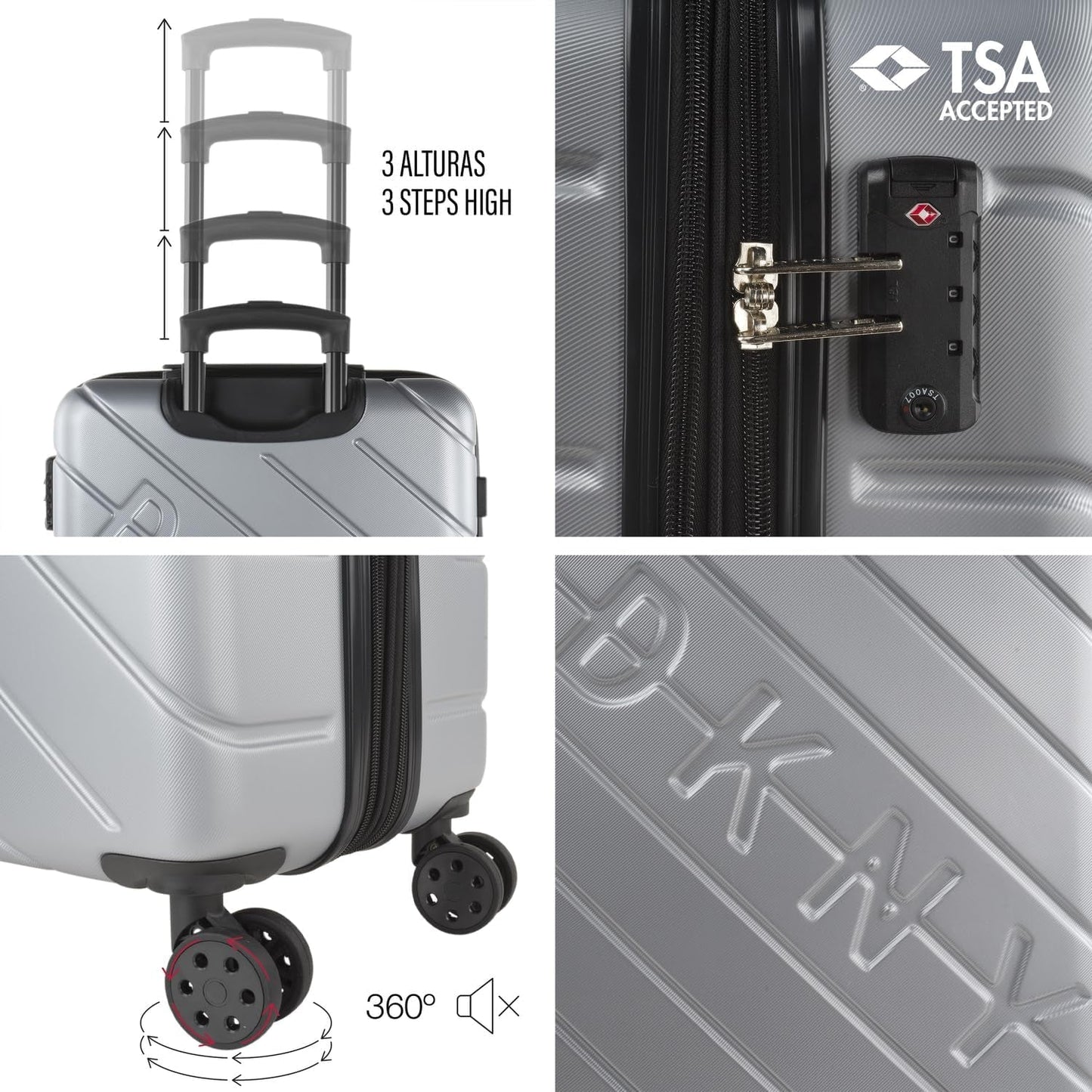 DKNY - Maleta Grande de 4 Ruedas Maleta Grande Ligera - Maleta de Viaje Grande con Ruedas. Maleta de Viaje de Avión Grande Maleta Rígida con Cierre Certificado - Maleta Troller Grande Plata Equipaje y Equipamiento de Viaje Naty Shop