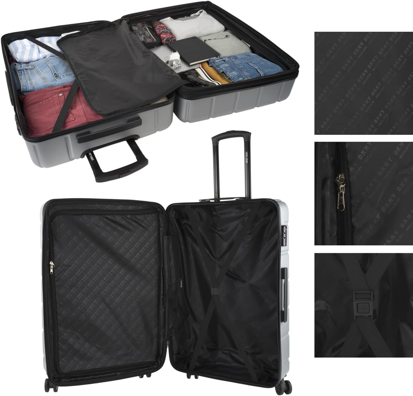 DKNY - Maleta Grande de 4 Ruedas Maleta Grande Ligera - Maleta de Viaje Grande con Ruedas. Maleta de Viaje de Avión Grande Maleta Rígida con Cierre Certificado - Maleta Troller Grande Plata Equipaje y Equipamiento de Viaje Naty Shop