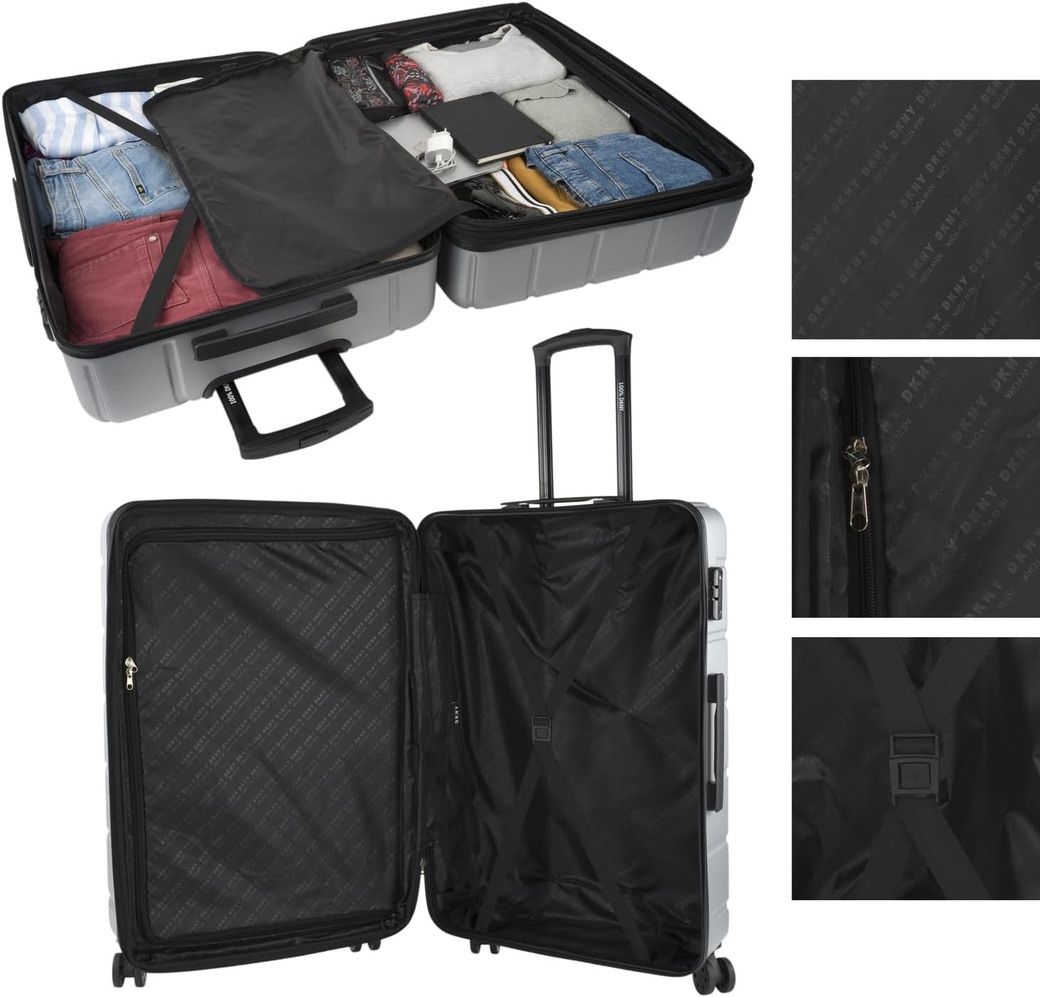 DKNY - Maleta Grande de 4 Ruedas Maleta Grande Ligera - Maleta de Viaje Grande con Ruedas. Maleta de Viaje de Avión Grande Maleta Rígida con Cierre Certificado - Maleta Troller Grande Plata Equipaje y Equipamiento de Viaje Naty Shop