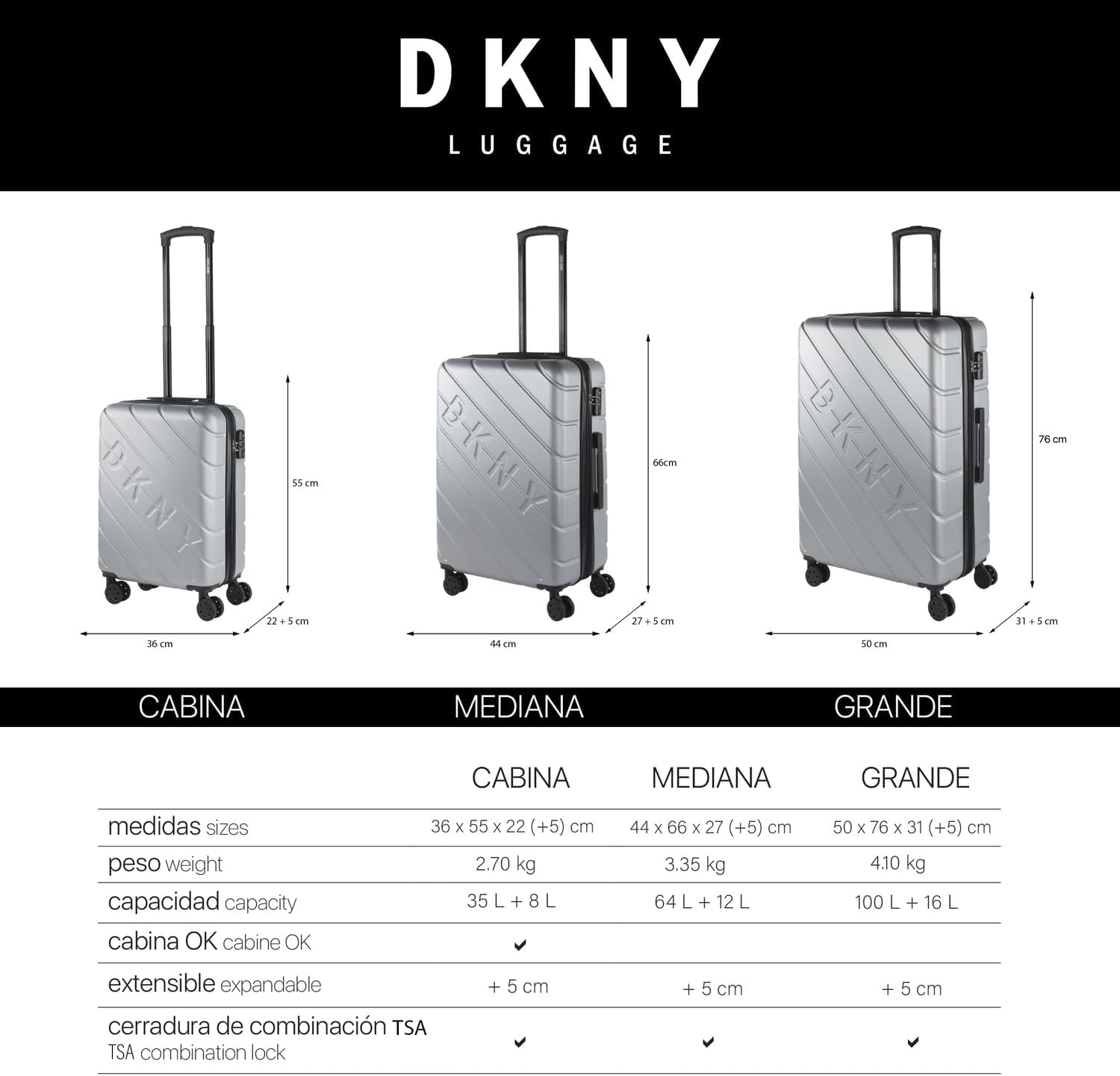 DKNY - Maleta Grande de 4 Ruedas Maleta Grande Ligera - Maleta de Viaje Grande con Ruedas. Maleta de Viaje de Avión Grande Maleta Rígida con Cierre Certificado - Maleta Troller Grande Plata Equipaje y Equipamiento de Viaje Naty Shop