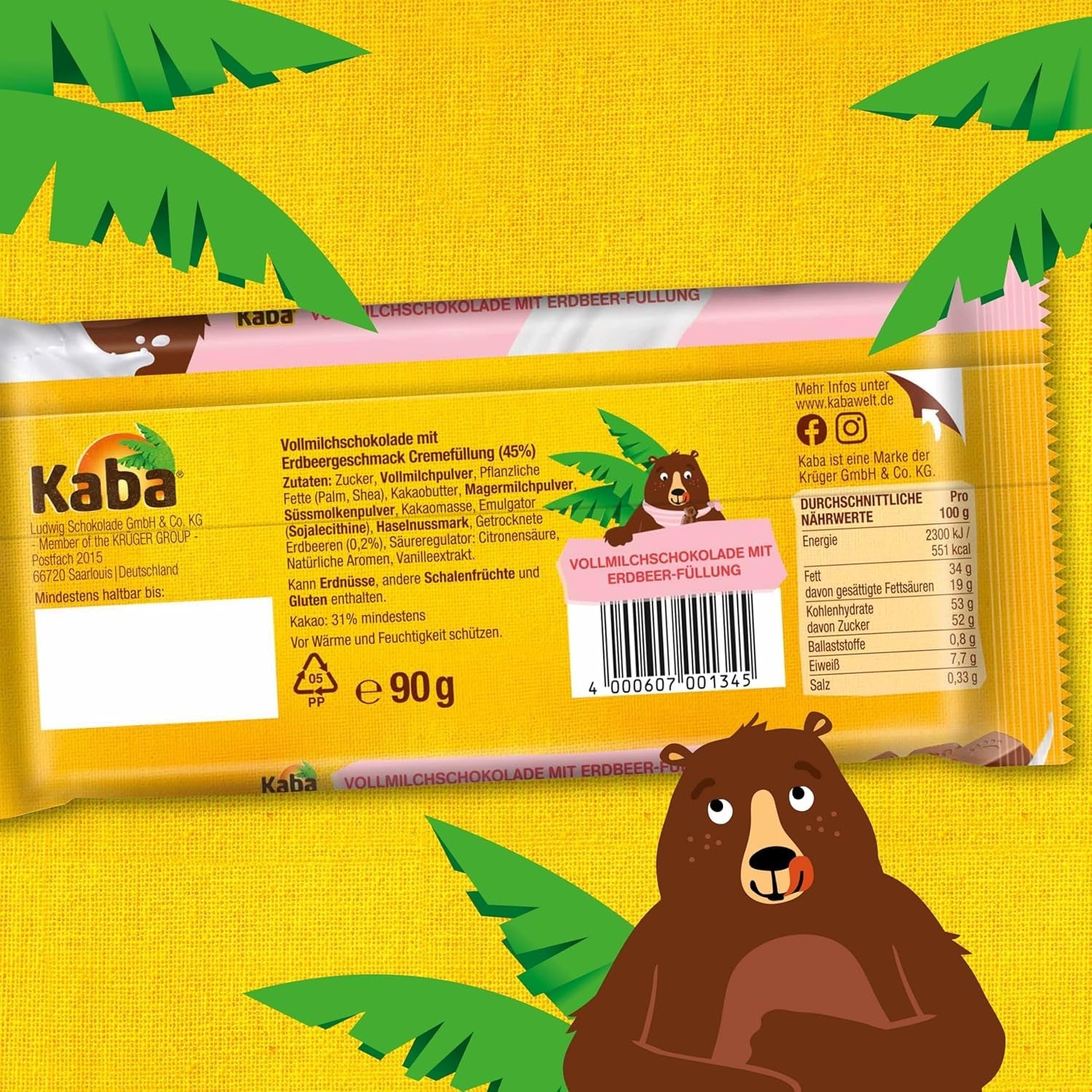 Chocolate con leche Kaba con crema de fresa, barra de chocolate rellena, barra de 90 g, chocolate derretido en la boca con crema afrutada de fresa y sabor original Kaba (paquete de 2)