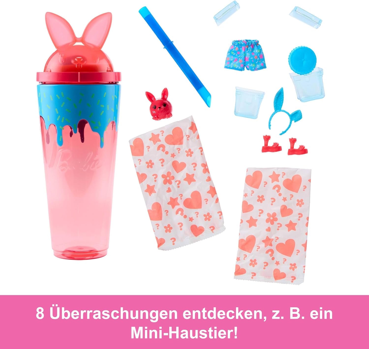 Barbie Pop Reveal Juego de muñecas y accesorios Serie Shakes Lindo gatito perfumado Muñeca y mascota de moda con 8 sorpresas que incluyen cambio de color JCN87