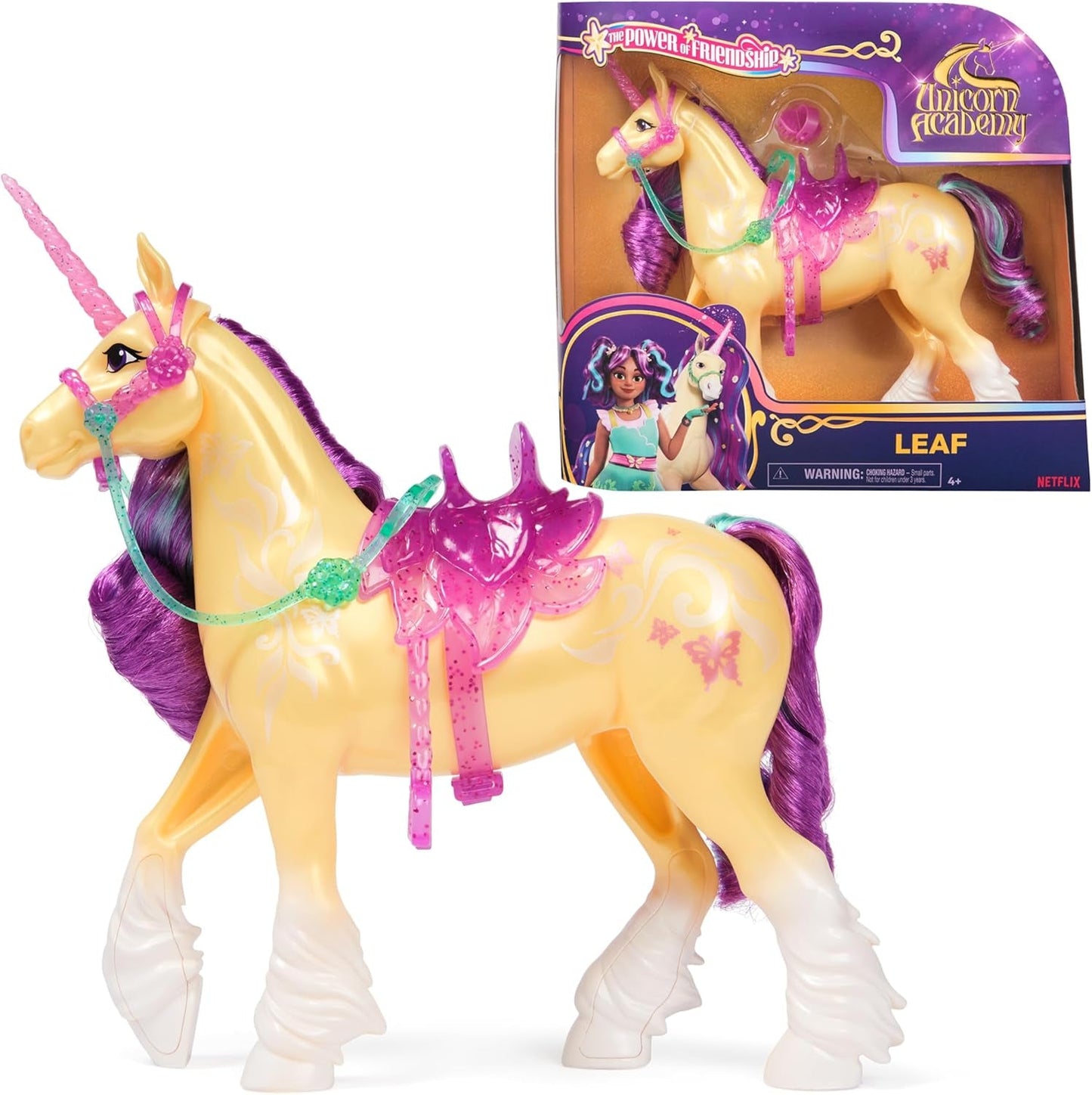 Unicorn Leaf Unicorn Academy: unicornio Ava original de 28 cm de altura de la serie Netflix con melena y cola reales, brida, silla y cepillo extraíbles, para niños a partir de 4 años