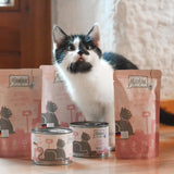 MjAMjAM - Comida húmeda premium para gatos - Caja para gatitos - 3x aceite de salmón pollo y 3x aceite de salmón ternera, bolsa de comida, bolígrafo, tapa de caja, paquete de 6 (6 x 200 g)