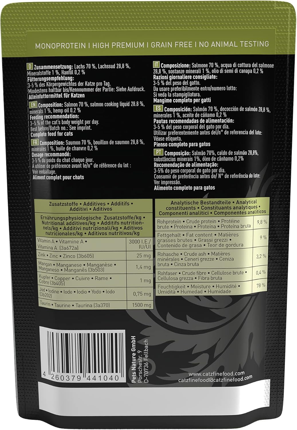Comida húmeda para gatos Catz Finefood Purrrr con monoproteína y salmón núm. 105, para gatos con digestión sensible, 16 x 80 g