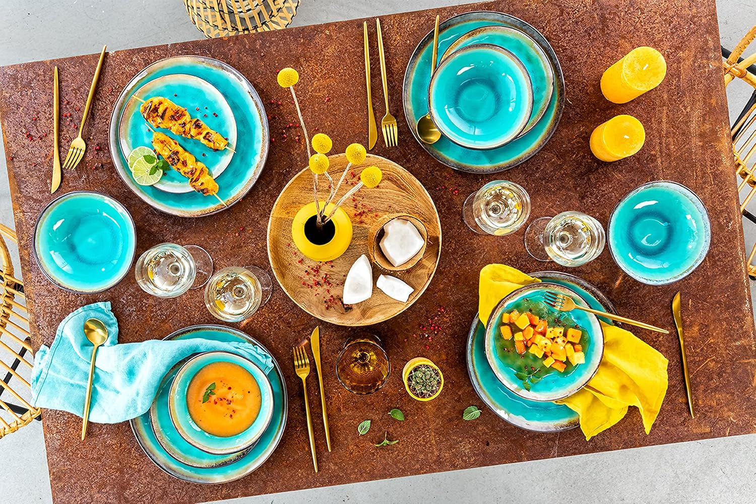 SANGER | Vajilla Capri Juego de vajilla de 12 piezas Vajilla de gres para 4 personas que incluye platos llanos, platos de postre y platos Suma Vajilla hecha a mano en color turquesa con borde gris | LA COLECCIÓN PREMIUM