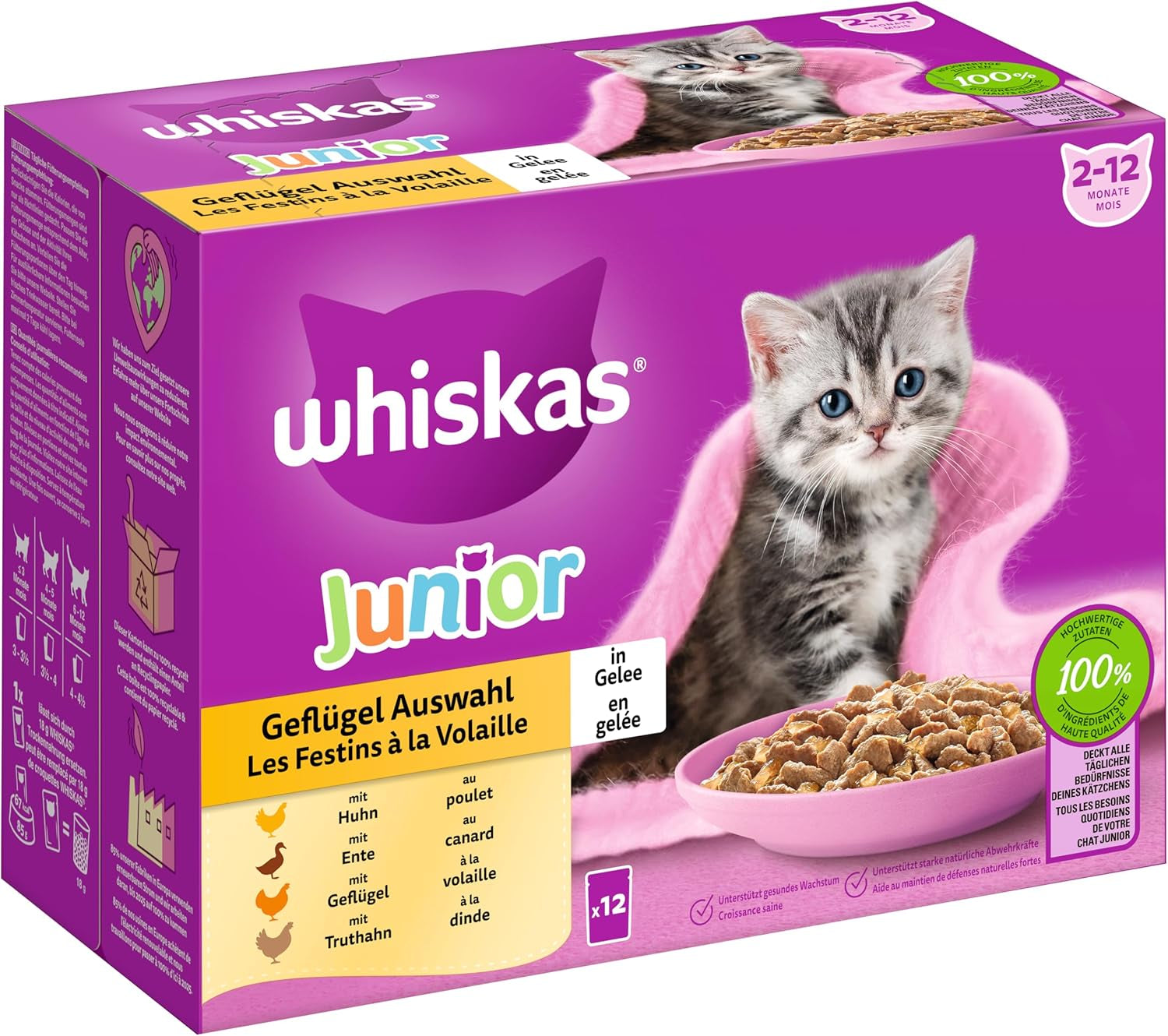 WHISKAS Junior Bolsitas de comida húmeda, paquete múltiple, selección de carne de ave en gelatina, 12 x 85 g