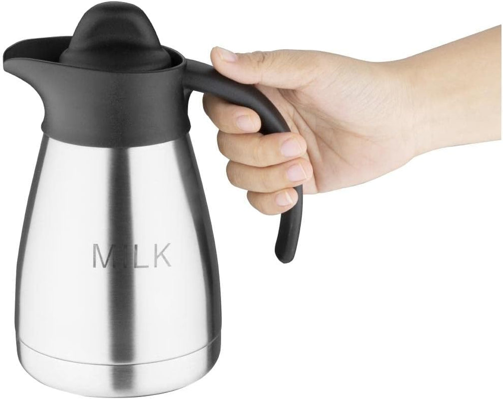 Taza de leche al vacío Olympia con tapa de rosca, 500 ml/17 oz, acero inoxidable con tapa negra, impresión de leche en el lateral, estaciones de buffet para té y café, CL371