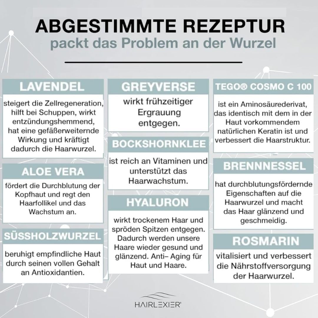 Hairlexier Remedio para el crecimiento del cabello para mujeres - Aceite capilar de romero, aceite capilar de ricino, aceite de lavanda, suero capilar natural contra la caída difusa del cabello, favorece el crecimiento del cabello, vegano y orgánico + Libro de trabajo Cuidado del cabello Naty Shop