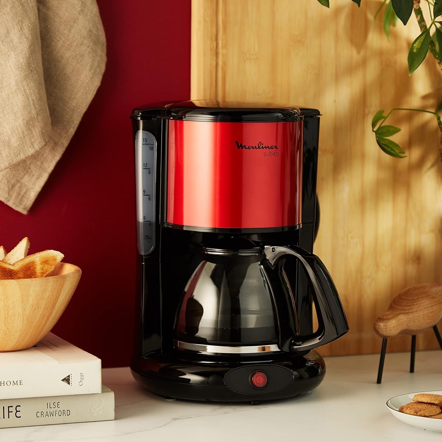 Subito Cafetera Espresso con Filtro, Jarra de Vidrio, 10-15 Tazas, Capacidad 1,25 L, Función de Apagado Automático, Filtro Extraíble, Indicador de Nivel de Agua, Acero Inoxidable, Rojo/Negro, FG360D