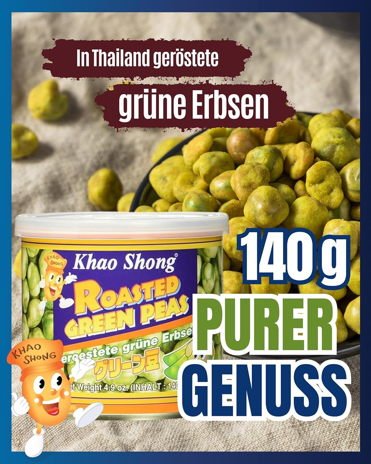 Khao Shong Guisantes verdes fritos con wasabi, guisantes crujientes rebozados picantes, una alternativa baja en grasa a las nueces, picante medio, 1 lata de 140 g | 140 gramos (1 paquete)