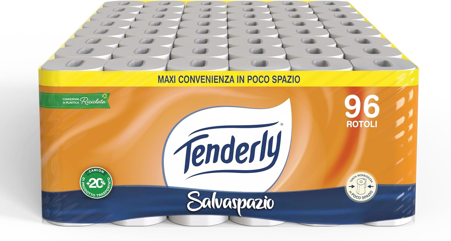 Ahorro de espacio, 96 rollos de papel higiénico, 2 capas, 220 lágrimas por rollo, Con extractos naturales de malva y caléndula, Made in Italy, Dermatológicamente probado.