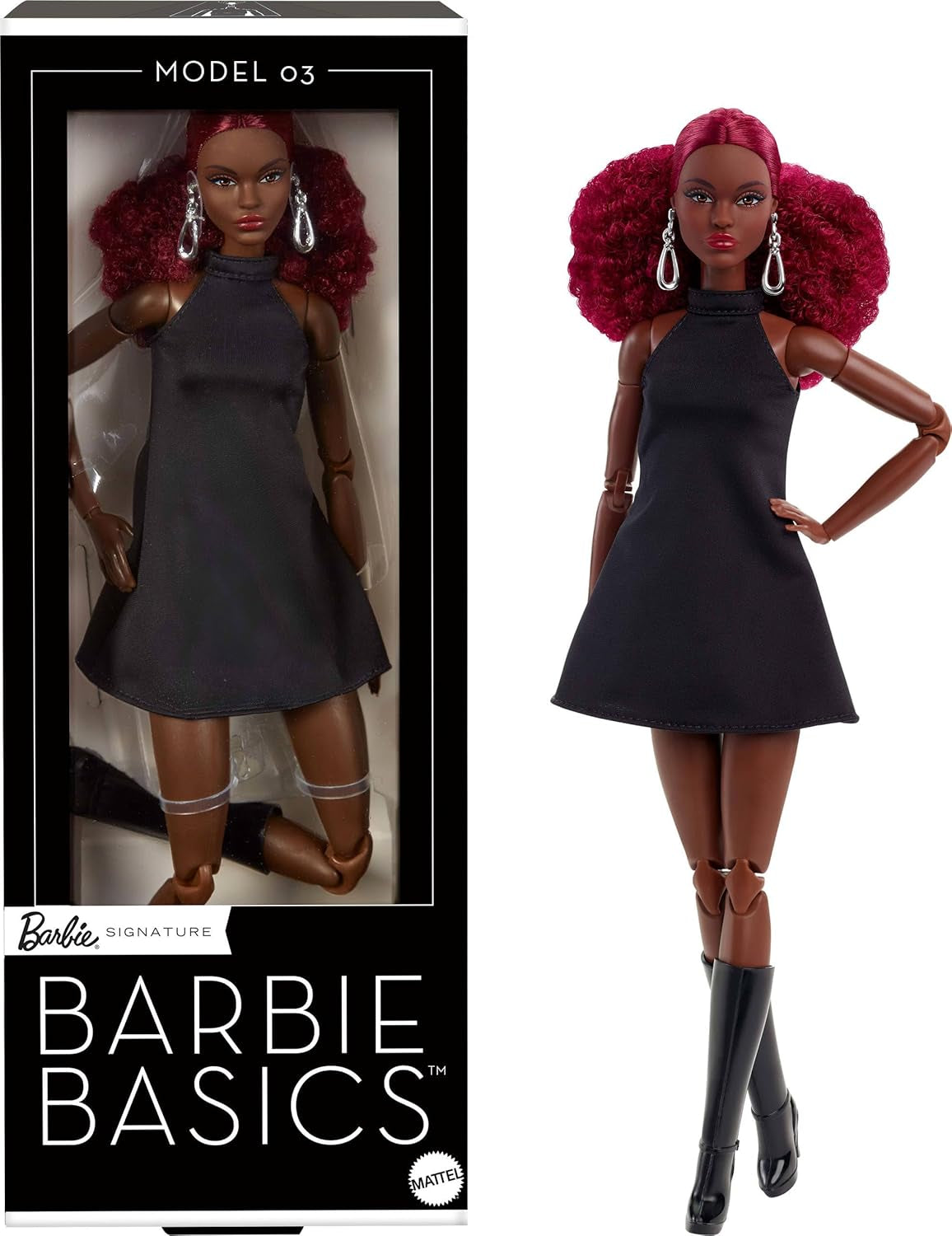 Muñeca coleccionable Barbie Basics modelo 3 con rizos rojos, minivestido y botas negros, talla única, cuerpo articulado grande y cabeza intercambiable, JBH75