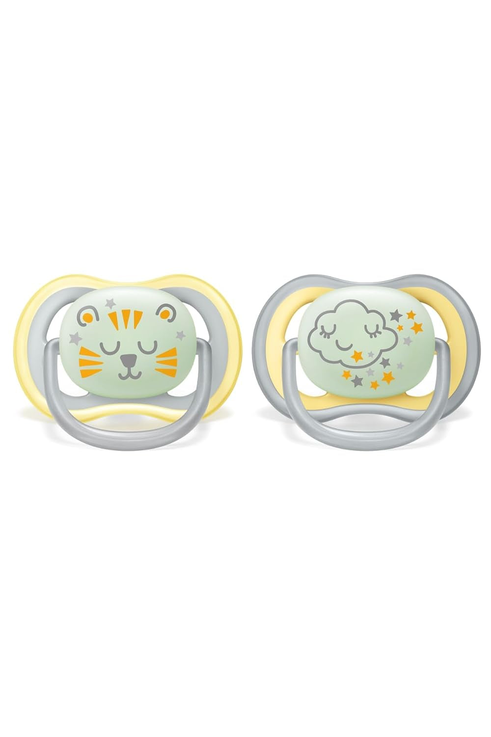 Chupete nocturno Philips AVENT Ultra Air para bebés de más de 18 meses que brilla en la oscuridad, paquete doble Nube/Tigre (modelo SCF376/01)