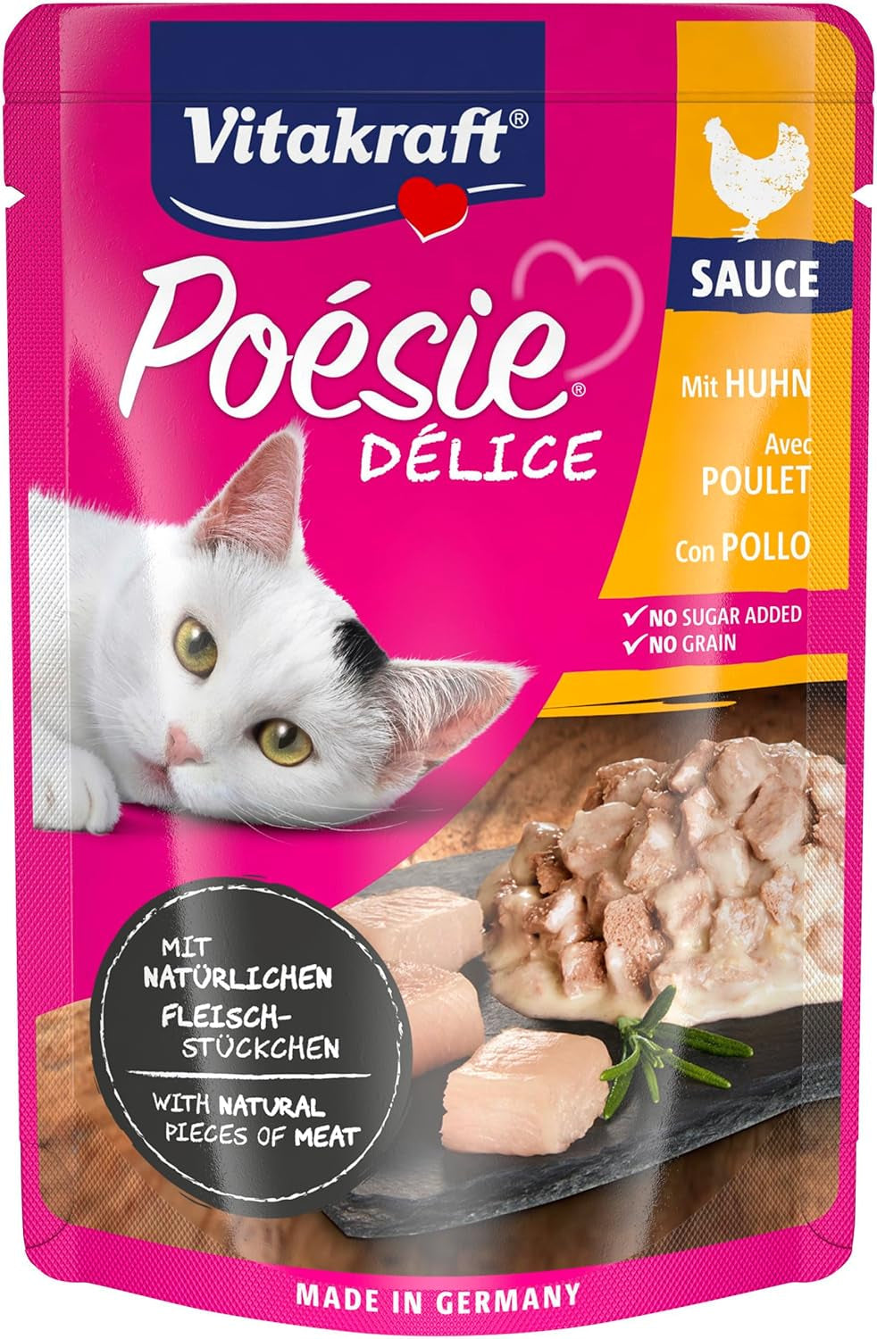 Vitakraft Poésie Délice, Nassfutter Katze, Katzennassfutter en salsa, con pollo, Vorratspackung, ohne Zusatz von Zucker und Getreide (23x 85g)