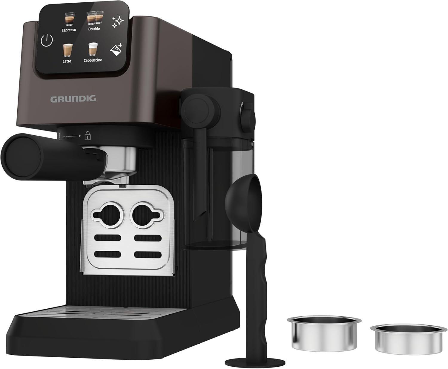 Cafetera espresso con portafiltro GRUNDIG KSM 5330 con depósito de leche integrado, potencia 1628 W, presión de bomba 15 bar, doble boquilla, pantalla táctil a color, BrewSense, CreamyPro, Acero inoxidable oscuro/Negro