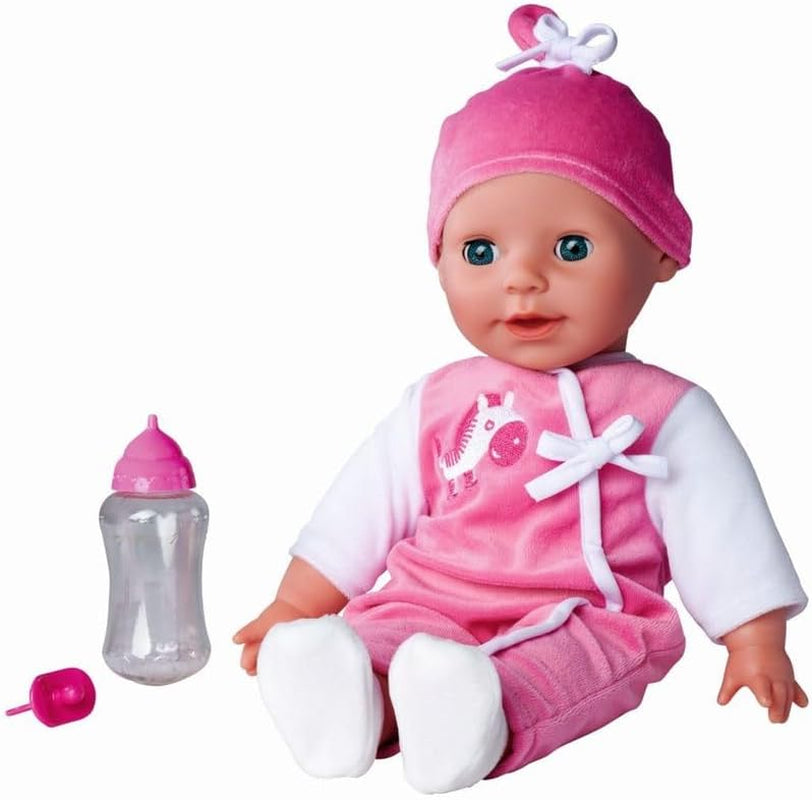 Simba 105140489 - Muñeca Laura Baby Talk, Muñeca de cuerpo suave de 38 cm con ojos soñolientos y mono lindo, 24 sonidos de bebé, Muñeca de juego, Muñeca bebé, Edad 2+