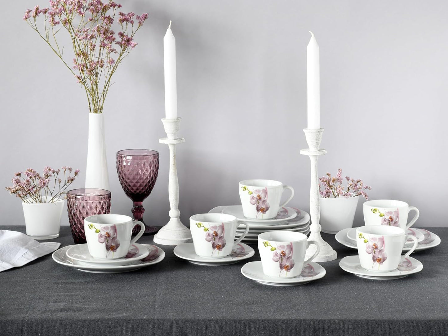 CreaTable, 24024, Serie Square Orchid, Vajilla de 18 piezas para 6 personas, Servicio de café de porcelana, Apto para lavavajillas y microondas, Fabricación de calidad