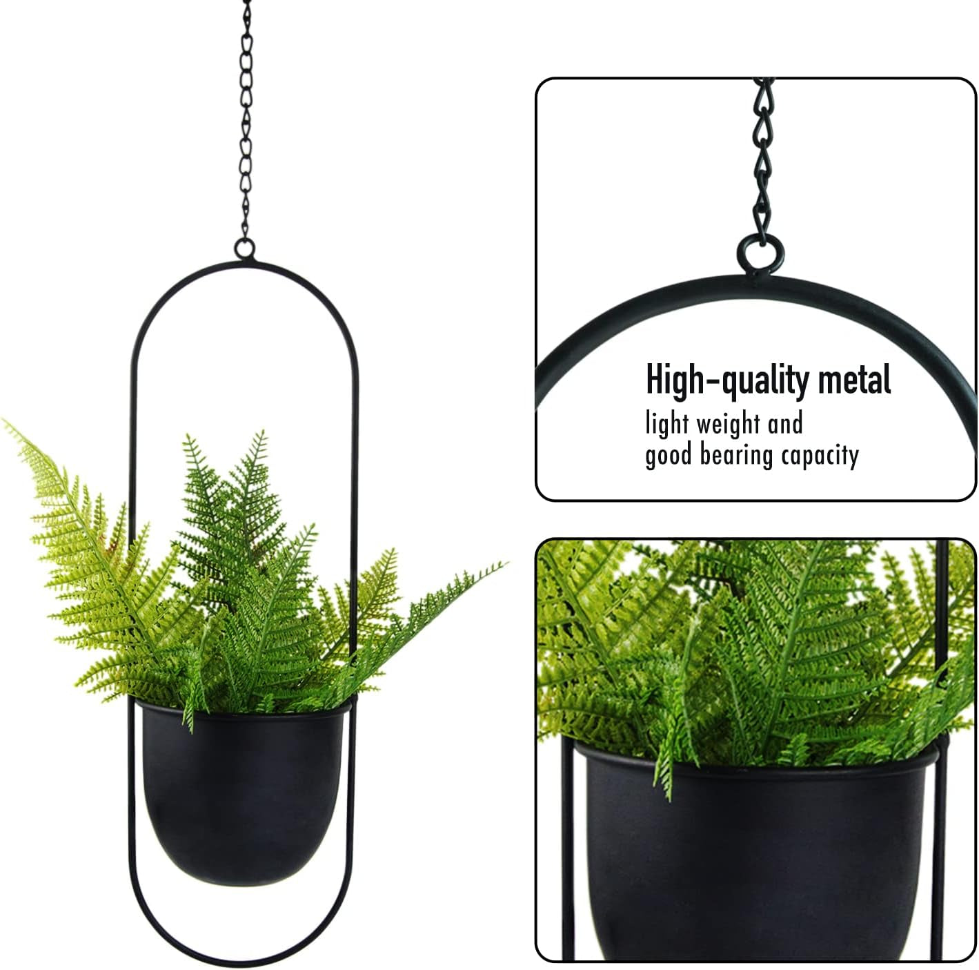 Macetas Colgantes de Metal 2 Piezas Colgador de Plantas geométrico Ovalado Negro con Macetas Jardinera Moderna de Pared y Techo Interior y Exterior 15,2 cm Macetas 2 Piezas