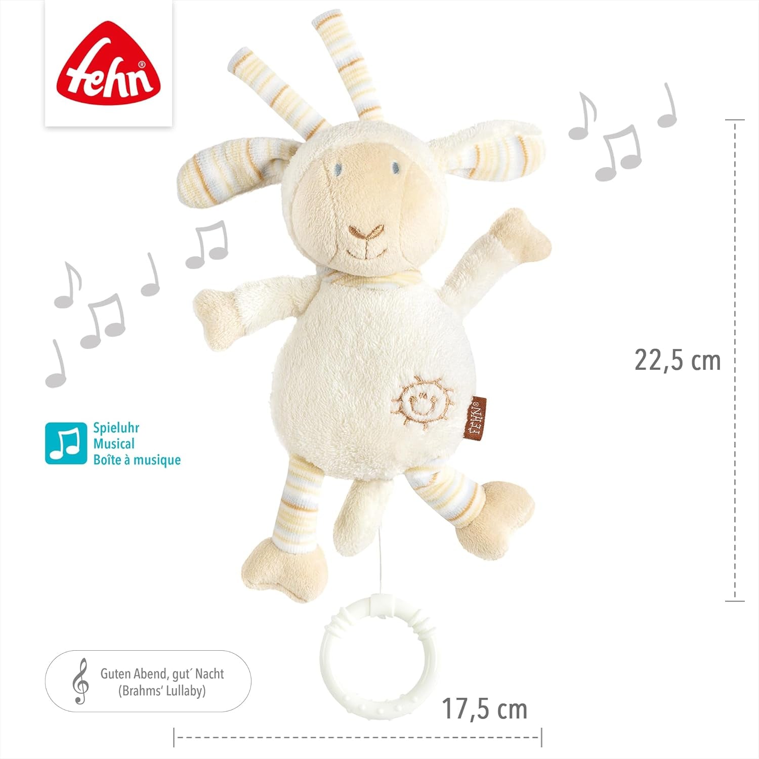 Fehn Caja de música para bebé, oveja para dormir, peluche con accesorio, canción para dormir "Brahms Lullaby", juguete infantil para viajar y en casa, juguetes musicales para bebés y niños Bebe Naty Shop Toys