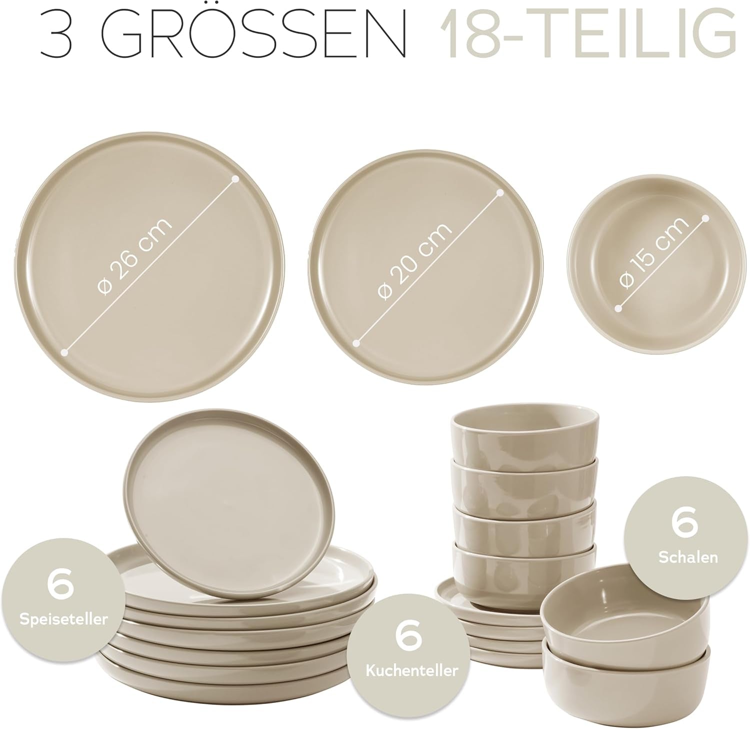 Vajilla de Gres Porcelánico para 6, 18 Piezas - Más Fuerte y Resistente a los Rayones que los Platos y Cuencos de Loza, Beige Brillante | El juego de vajilla incluye 6 platos llanos, 6 platos de postre y 6 tazones.
