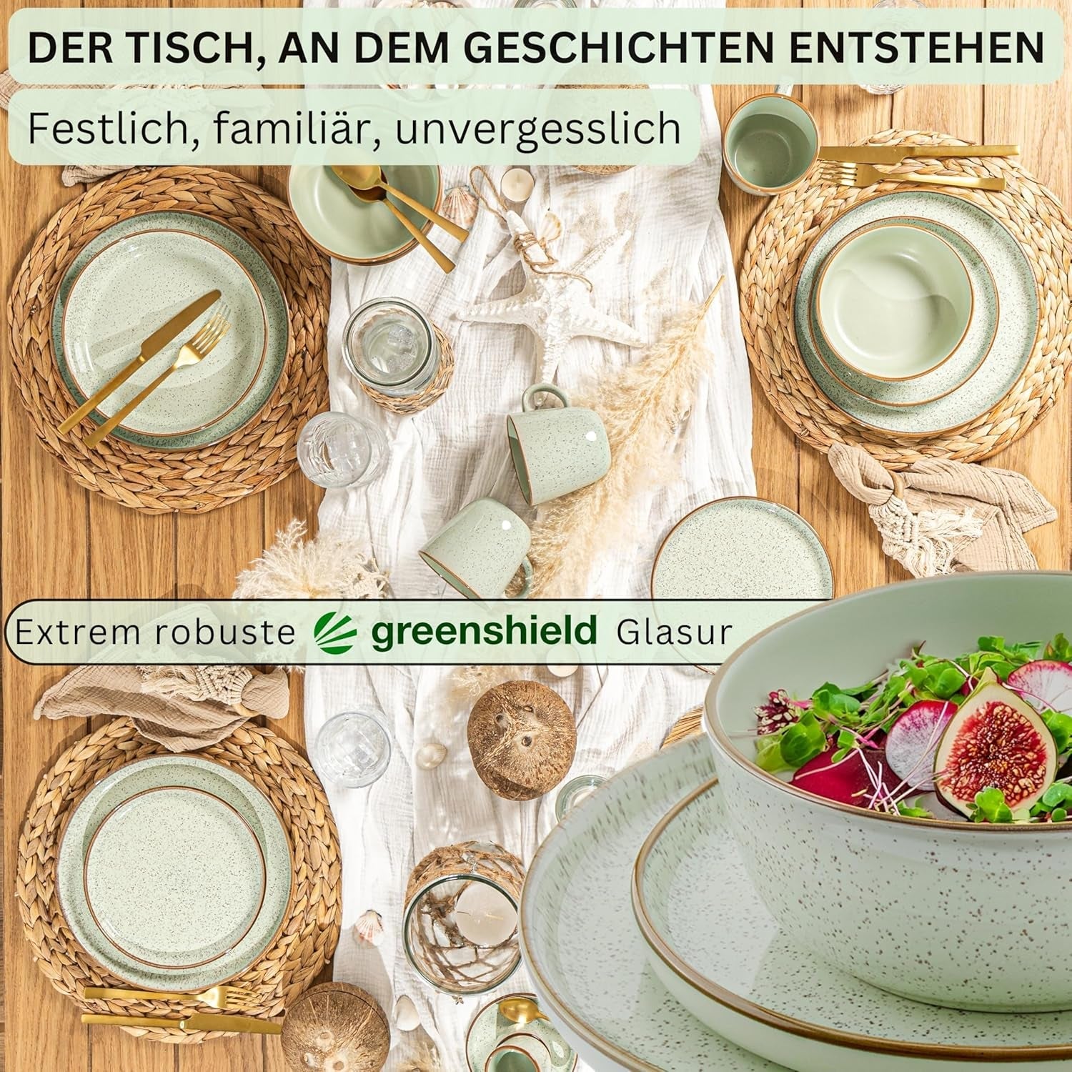 SÄNGER Río Casa de la Moneda | Juego de Vajilla de Gres para 6, 6 Platos, 6 Platos de Postre, 6 Cuencos, Verde Menta | LA COLECCIÓN DE VALOR