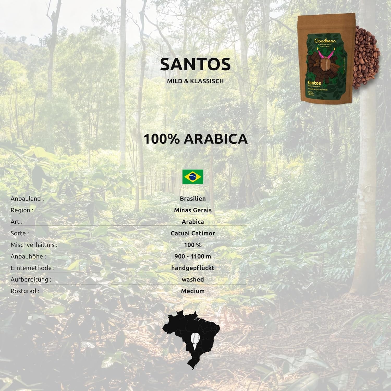 santos | Granos de café 2500g - 100% Arábica de Brasil | para espresso, capuchino o café filtrado fuerte | Asado omnidireccional | Café clásico: la introducción perfecta al café especial