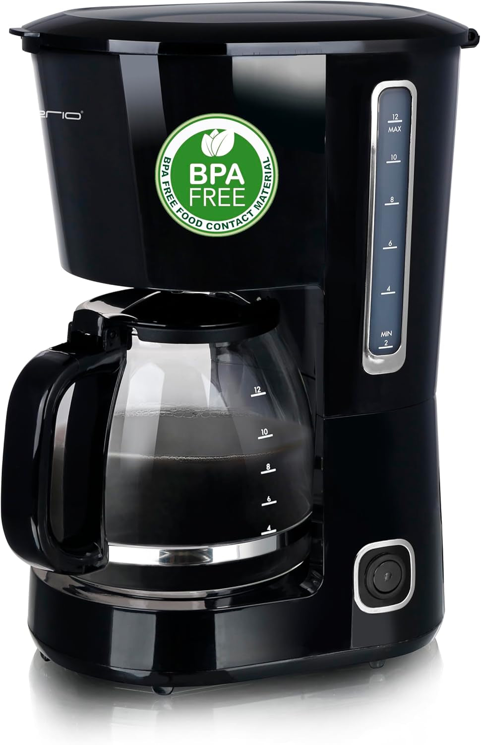 Emerio CME-122933, Cafetera de filtro, 1,25L para hasta 10 tazas de café recién hecho, filtro extraíble permanente, función antigoteo, jarra de cristal, apagado automático, 1000 vatios, negro/plateado