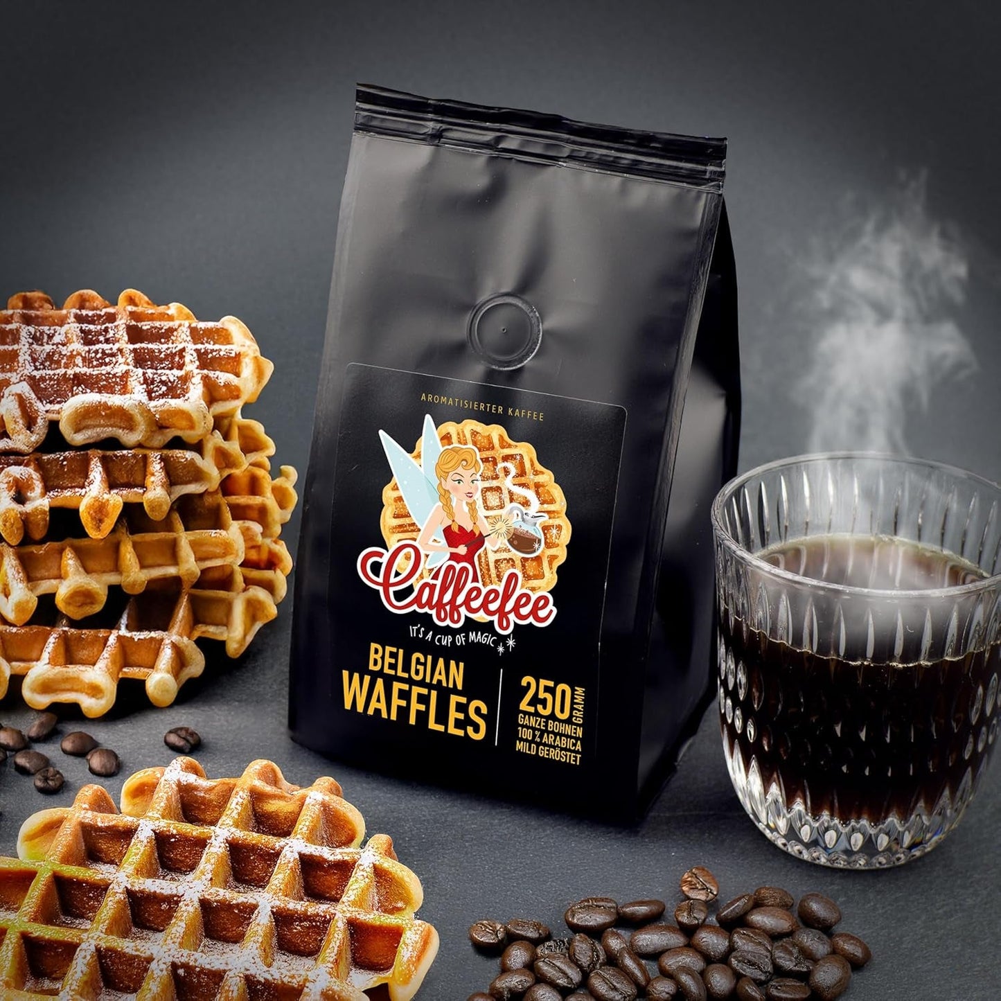 Caffeefee Belgian Waffles Bohnen, 250 g, Röstkaffee aromatizado