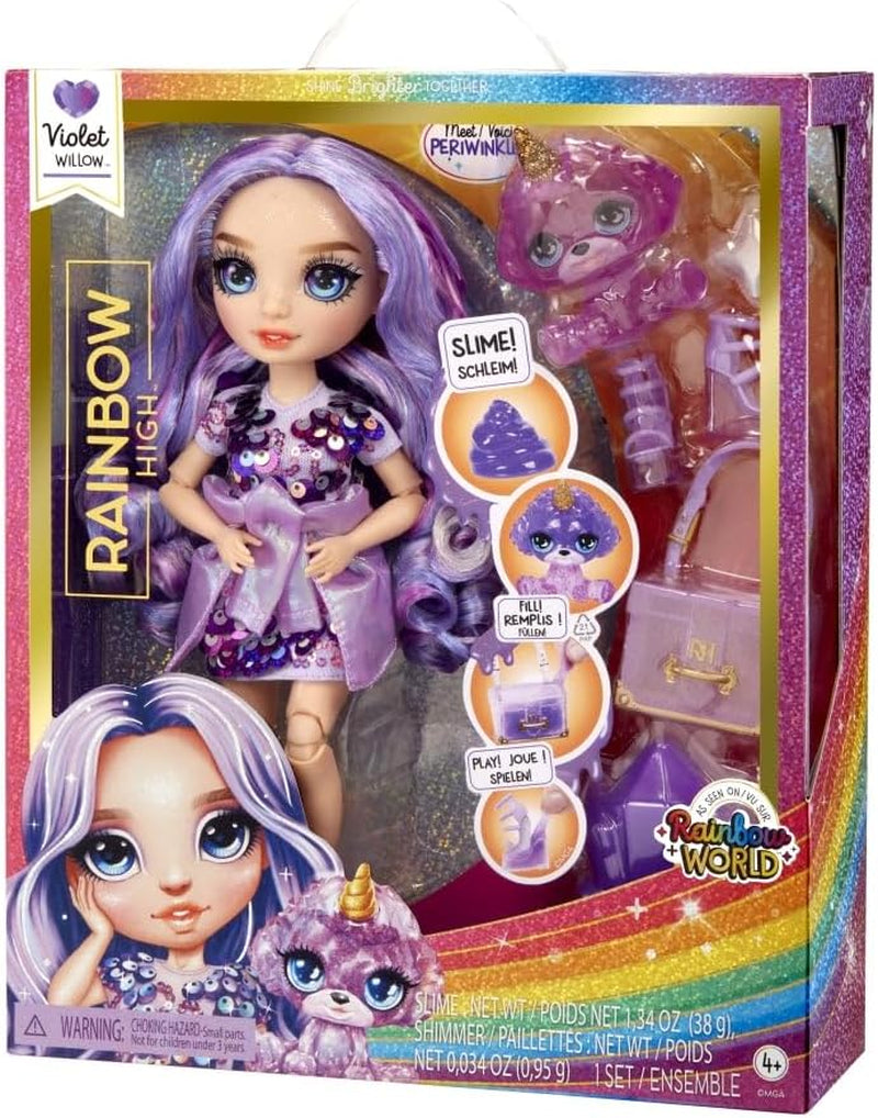 Muñeca Rainbow High Fashion con Slime y Mascota - Morado - Muñeca Glitter 28 cm con Slime Glitter, Mascota Mágica y Accesorios de Moda - Juguete para Niños - Ideal para 4-12 Años