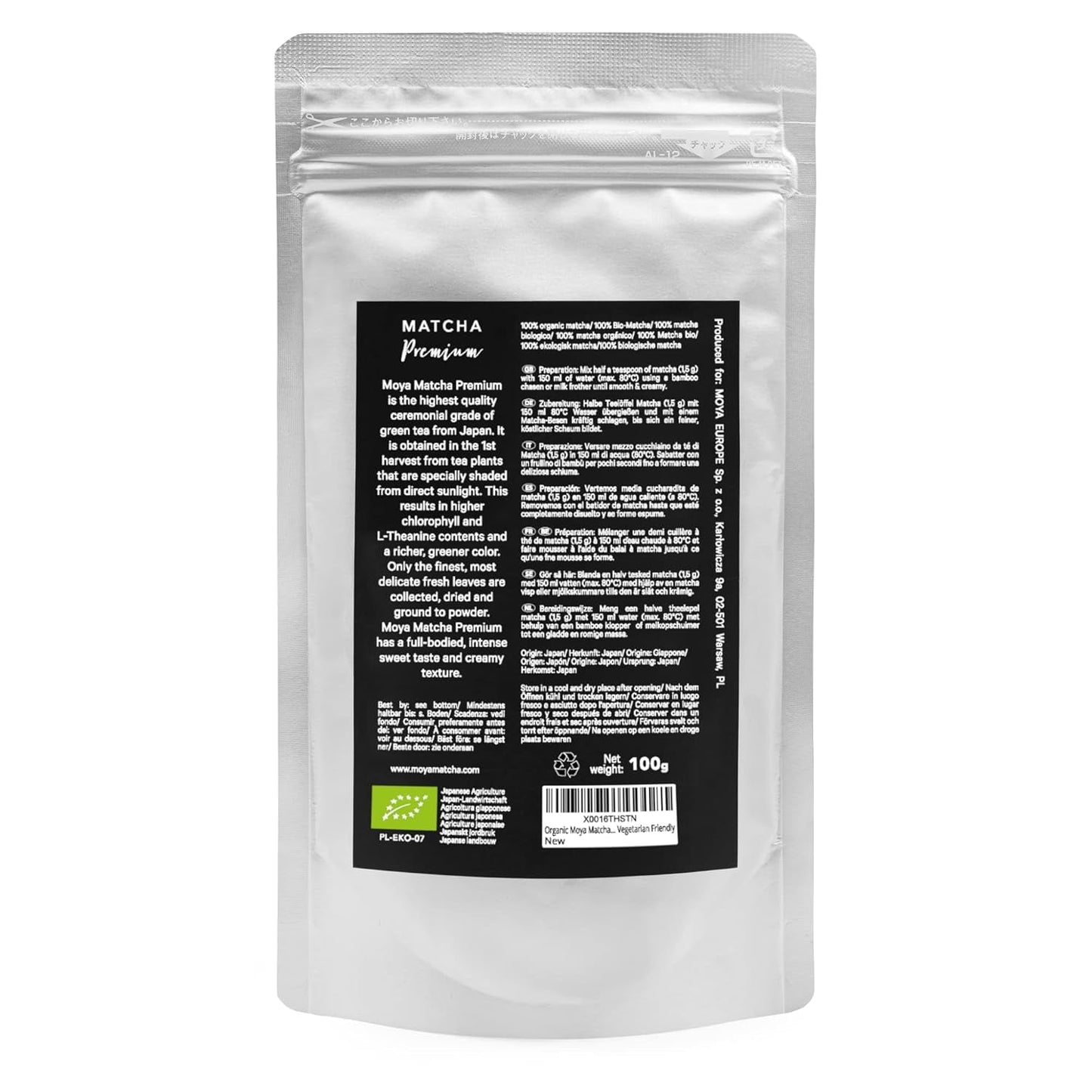 Té verde orgánico Moya Matcha en polvo | 100 g calidad premium para ceremonia | Cultivado y cosechado orgánicamente en Uji, Japón | Té verde matcha en polvo | Ideal para la ceremonia japonesa del té de agua.