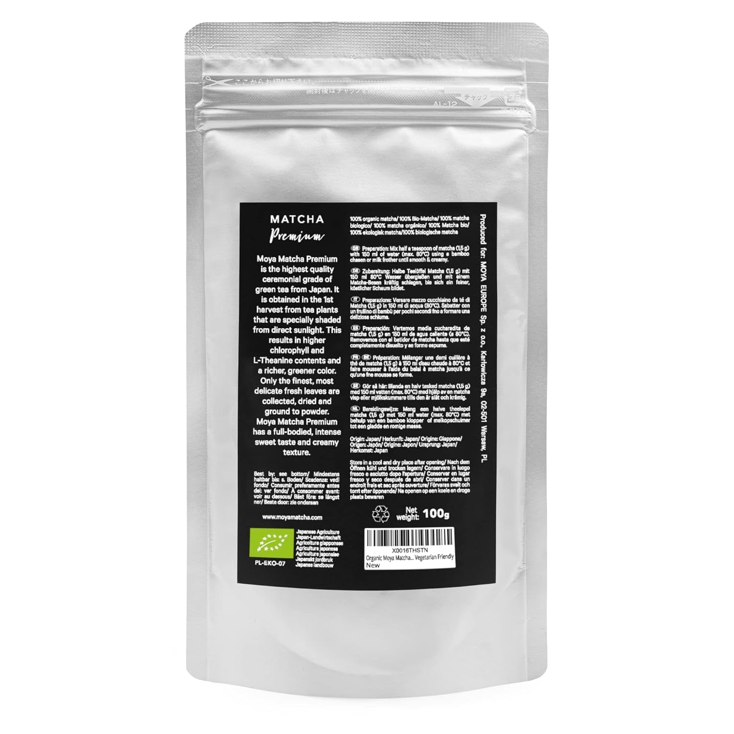 Té verde orgánico Moya Matcha en polvo | 100 g calidad premium para ceremonia | Cultivado y cosechado orgánicamente en Uji, Japón | Té verde matcha en polvo | Ideal para la ceremonia japonesa del té de agua.