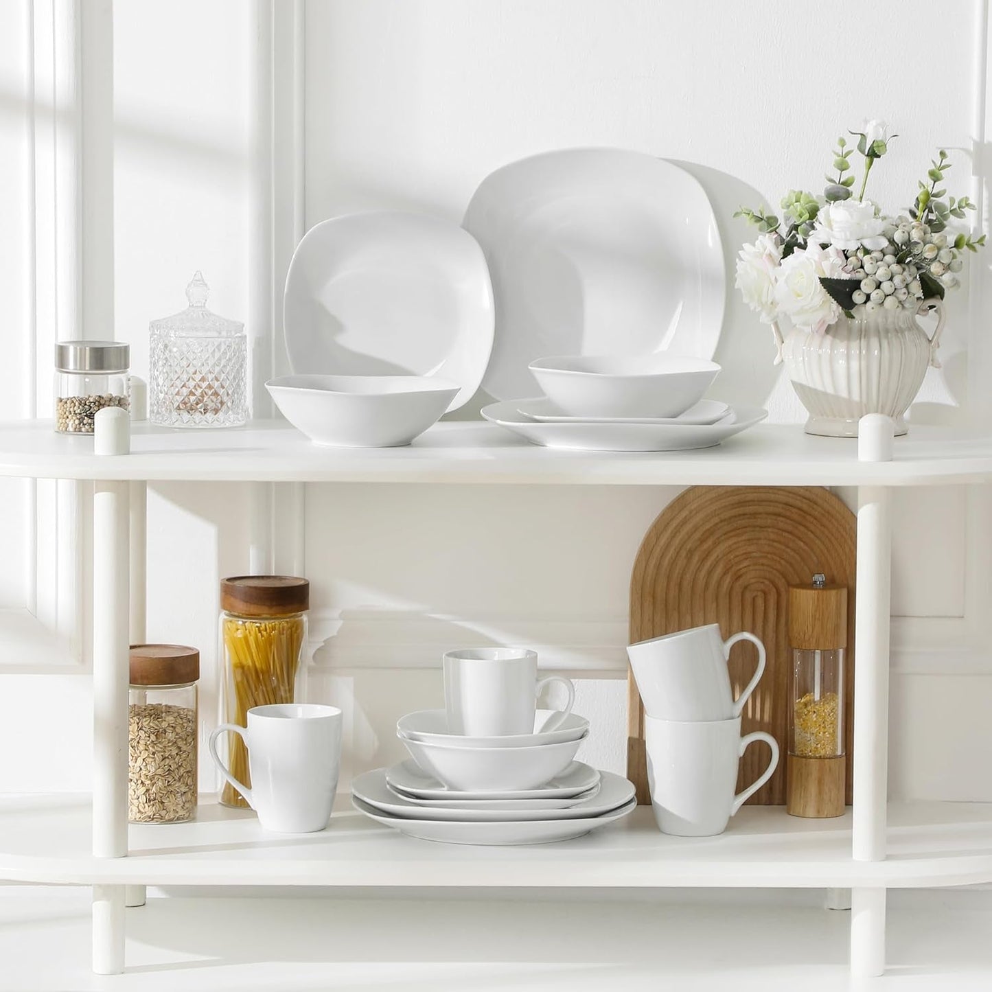 MALACASA Vajilla para 4, Vajilla de Porcelana Blanca de 16 Piezas, Vajilla Moderna con 4 Platos Llanos, Platos de Postre, Platos y Tazas Suma, Serie ELISA