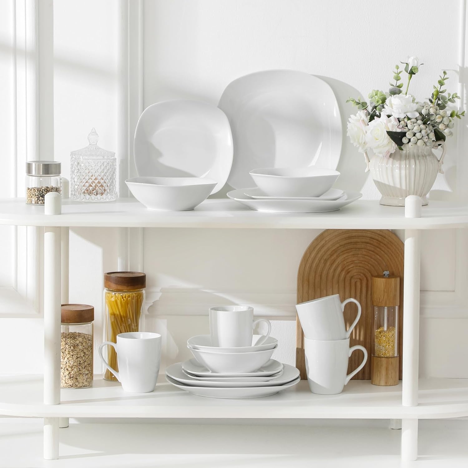 MALACASA Vajilla para 4, Vajilla de Porcelana Blanca de 16 Piezas, Vajilla Moderna con 4 Platos Llanos, Platos de Postre, Platos y Tazas Suma, Serie ELISA