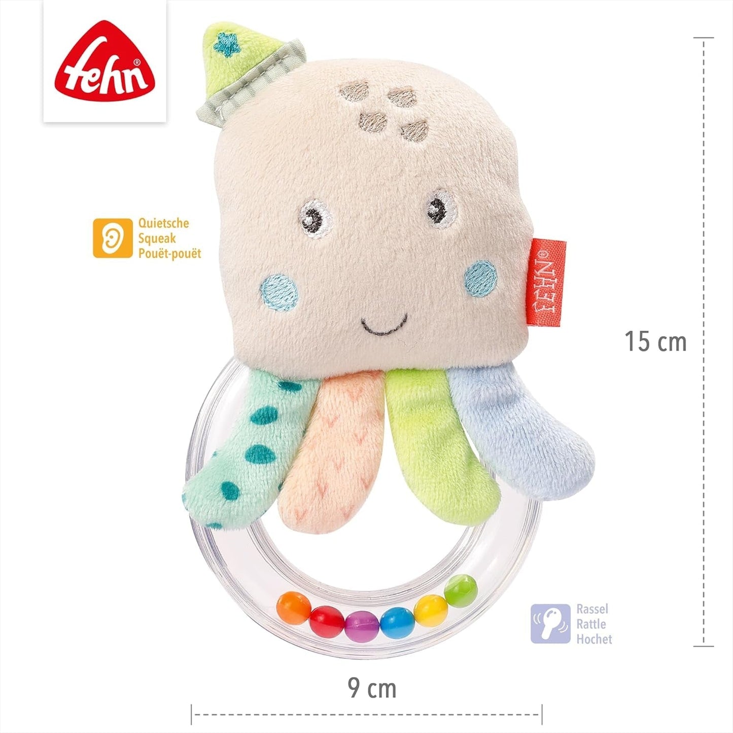 Fehn Octopus Toy Ring Bell - Sonajero, chirrido, juguete para sentir la motricidad - Peluche para bebés con tela suave - Juguete para bebés y niños pequeños a partir de 0 meses Baby Toys Naty Shop
