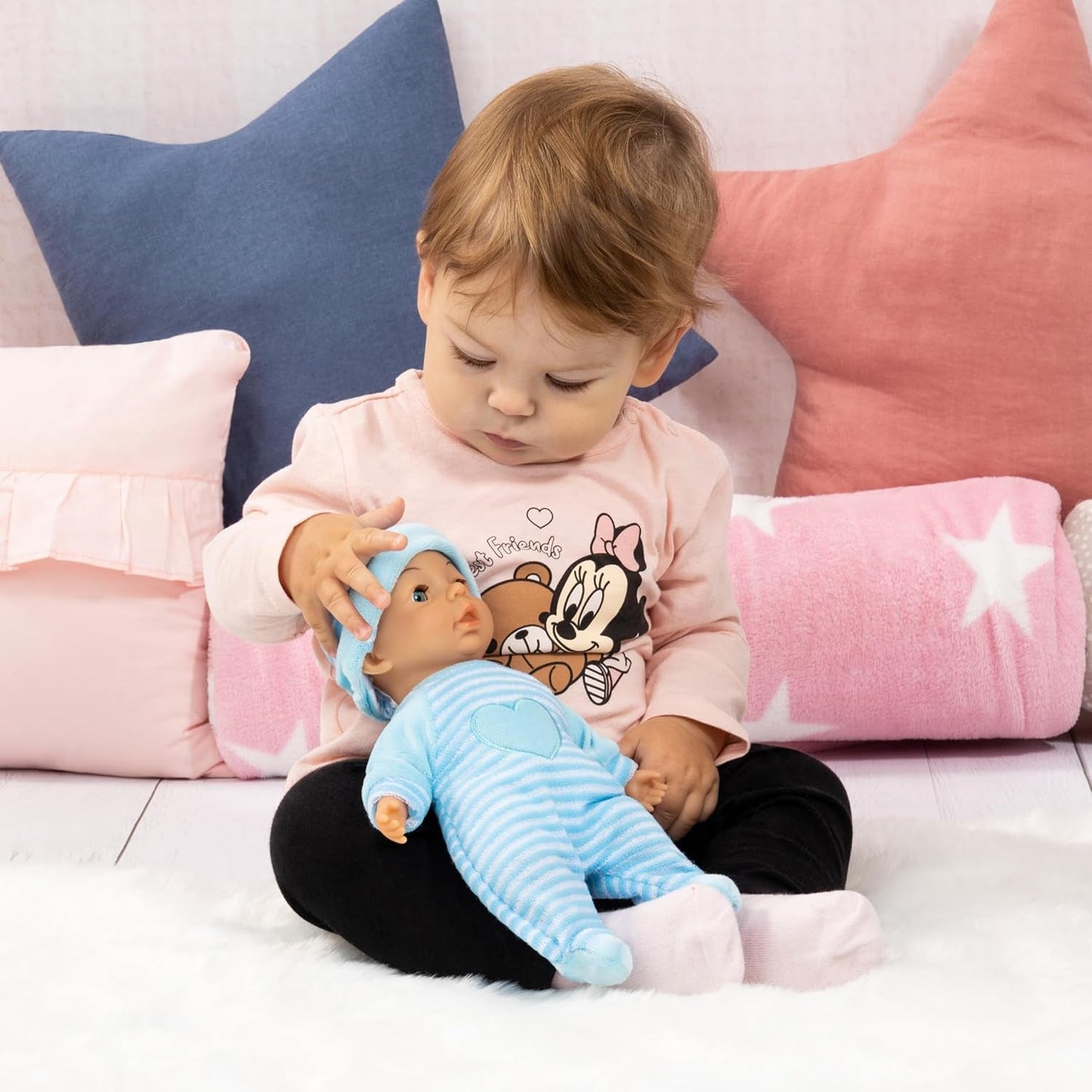 Bayer Design 92802AU My First Baby 28cm, Muñeco Bebé, Muñeco de Cuerpo Blando con Ojos Durmientes, Muy Manejable, Lindo Conjunto, Azul con Corazón