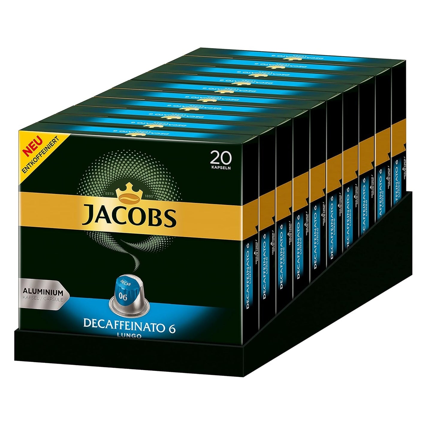 Jacobs Kaffeekapseln Lungo Decaffeinato- Intensität 6, paquete de 10, 10 x 20 tazas y Kaffeekapseln Lungo Intenso, Intensität 8 de 12, 200 cápsulas compatibles con Nespresso®*, 10 x 20 tazas