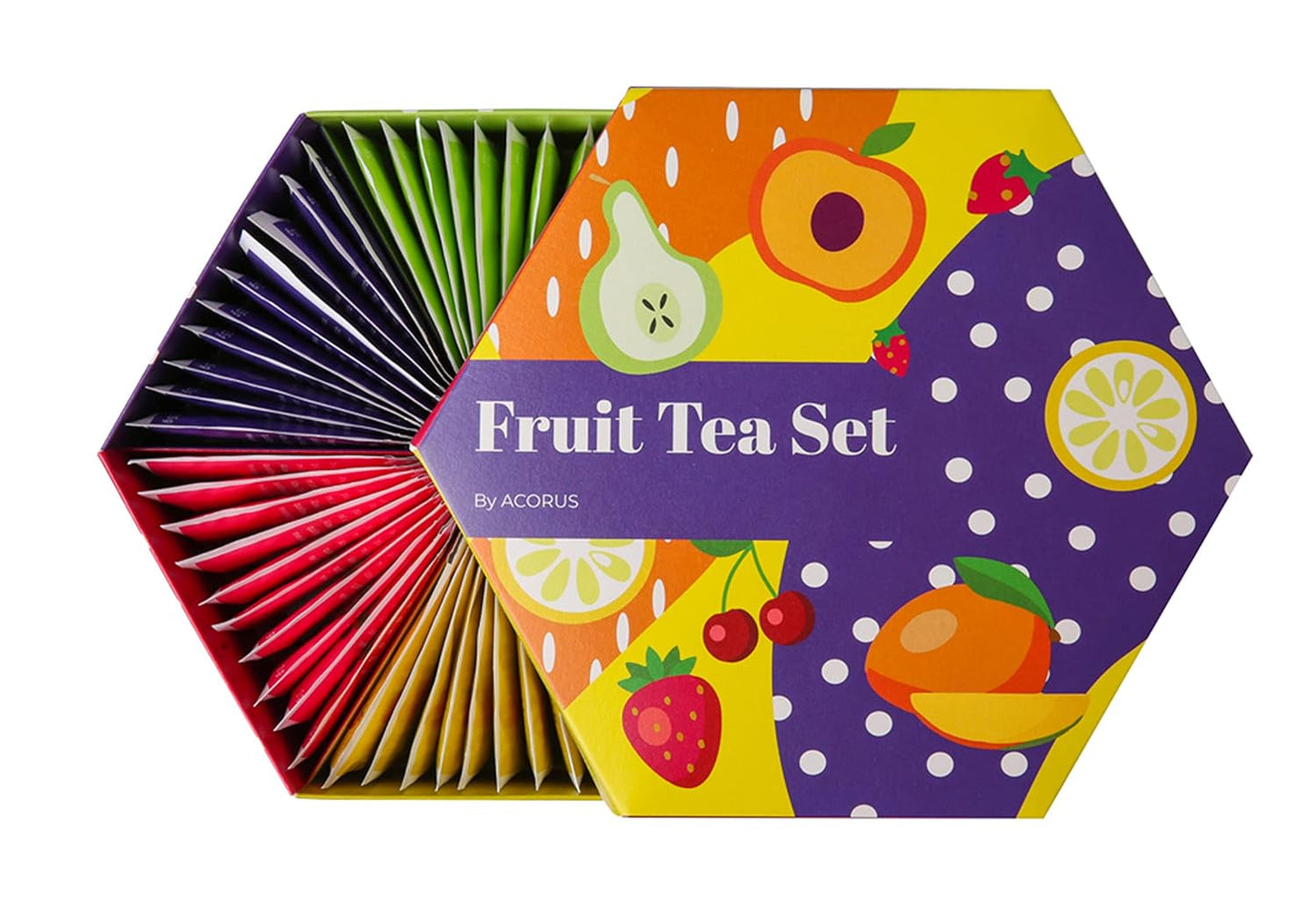 ACORO | Juego de té de frutas de lujo | Set de regalo con tés naturales en 6 sabores | Infusiones, infusiones de frutas | Surtido de tés | Caja de té con 60 bolsitas de té.