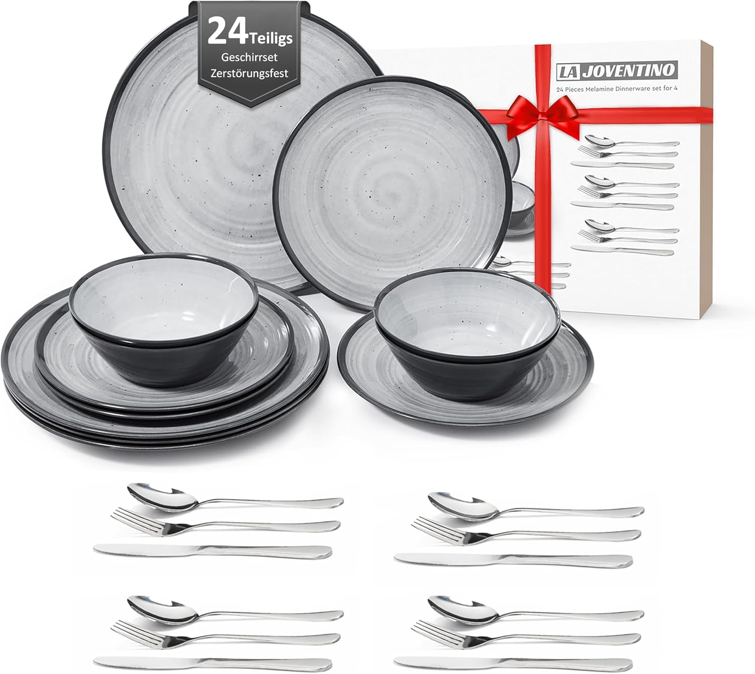 Juego de cubiertos de melamina, 24 piezas, juego de platos para acampar para 4 personas, cubiertos para exteriores e interiores