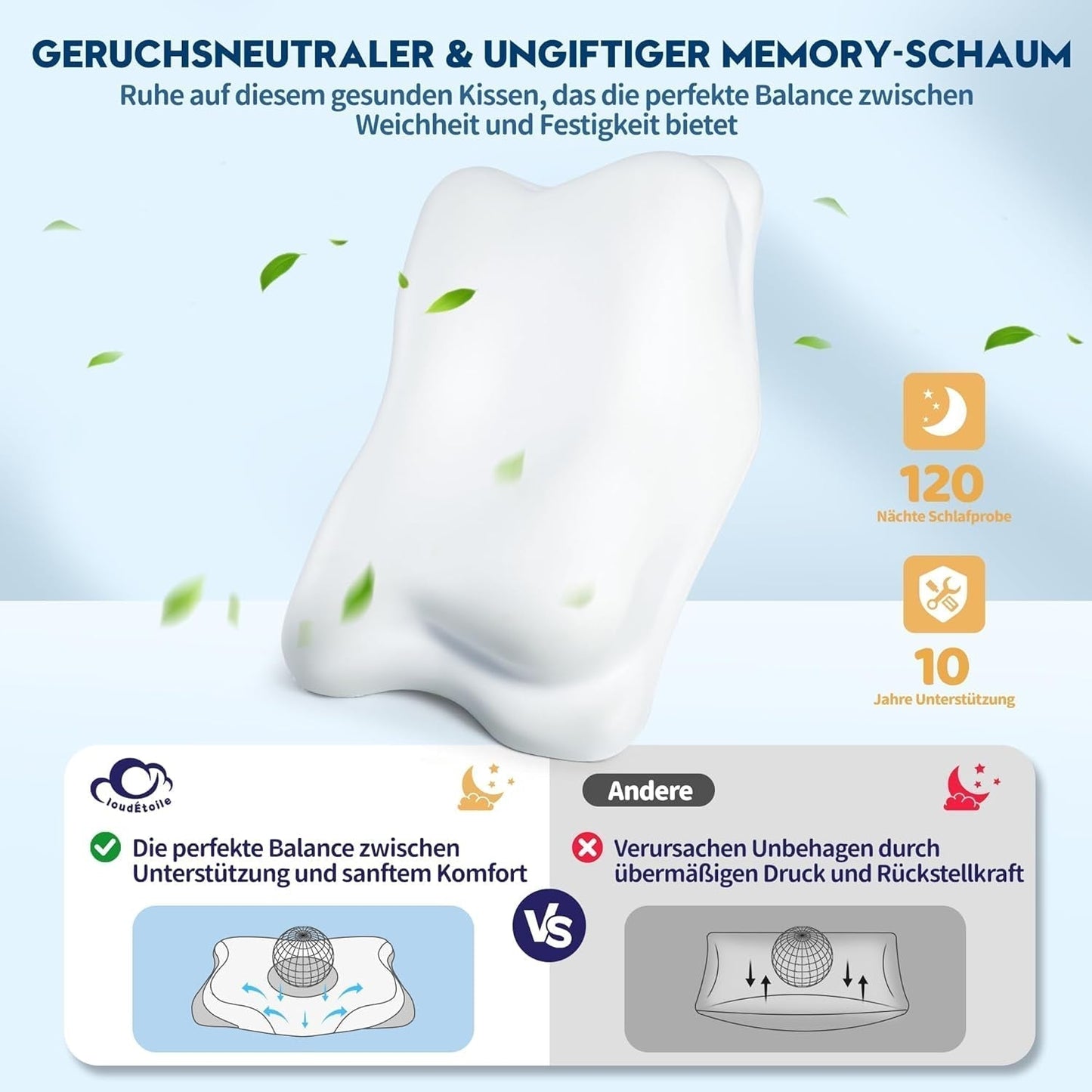 Cloudétoile Almohada cervical Almohada viscoelástica - Almohada ortopédica ergonómica 2 en 1 Almohada viscoelástica para dormir de lado Almohada de apoyo para el cuello Almohada viscoelástica ajustable en altura Blanco 64X38X12cm Almohadas ortopédicas cervicales Naty Shop