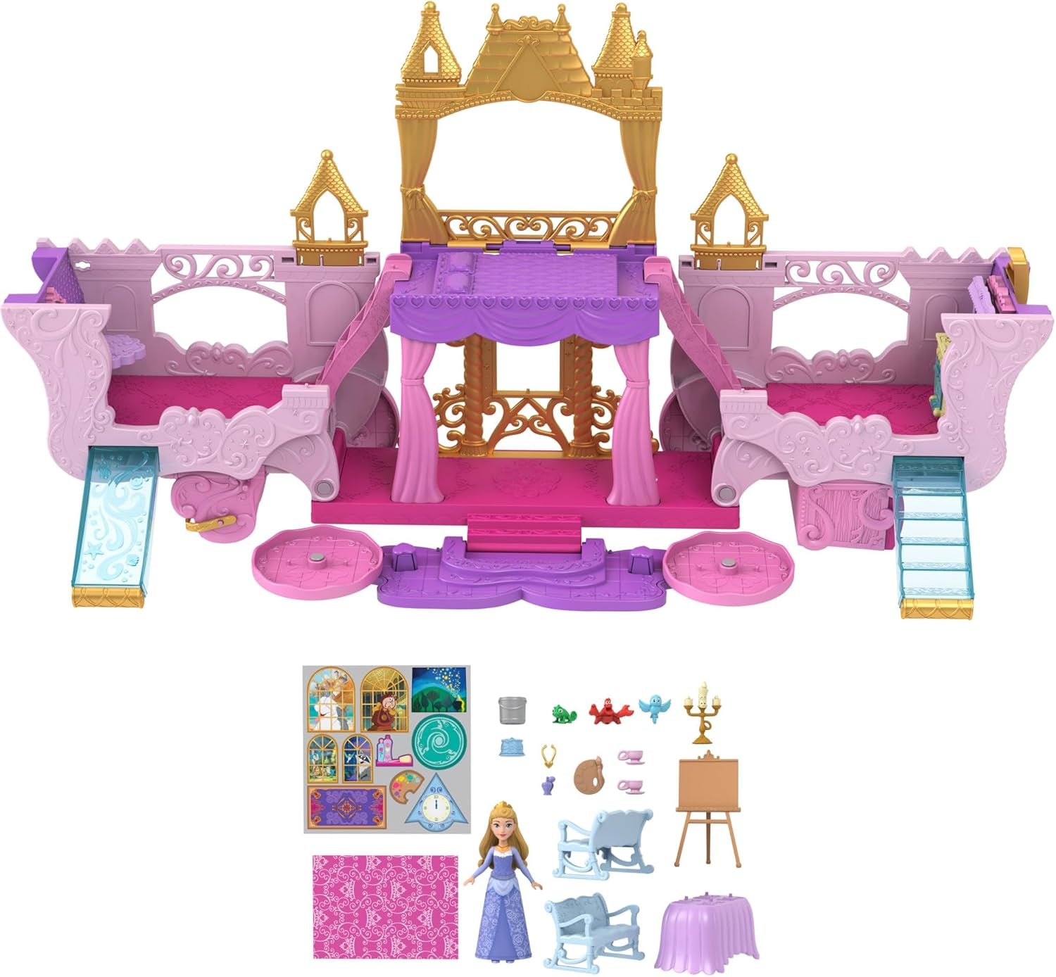 Mattel Disney Princess Transforming Playset Carruaje al Castillo con la Pequeña Muñeca Aurora, 3 Niveles, 6 Áreas de Juego, 4 Figuras, Muebles y Accesorios HWX17 Naty Shop Muñecas