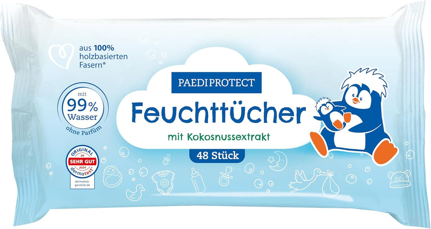 PAEDIPROTECT Toallitas húmedas para bebés 1 x 10 piezas Toallitas húmedas sensibles al agua para bebés 99% de agua Sin fragancia Bebés y niños Piel delicada Extracto de coco Sin microplásticos Vegano (paquete de 5)