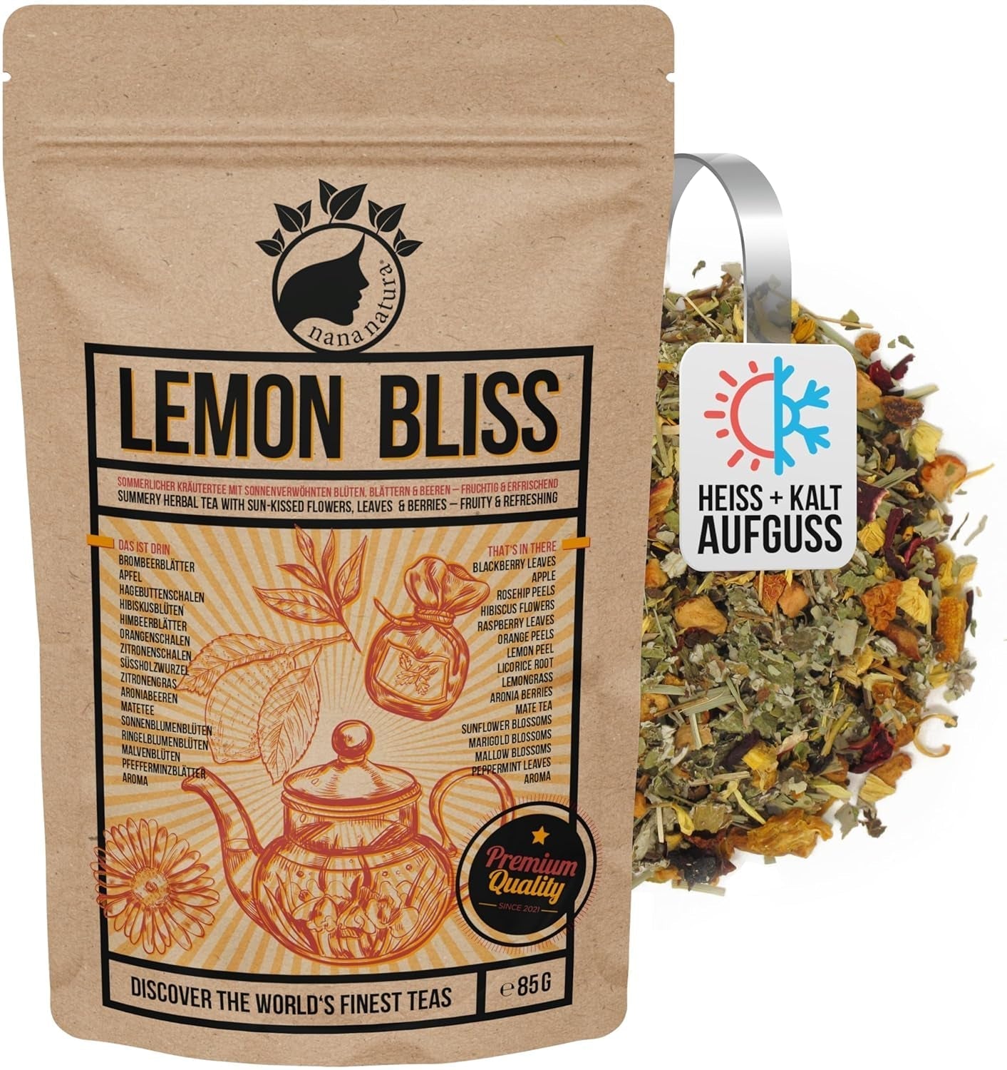 TÉ DE LEMON BLISS Original de Nananatura 85G | Té de hierbas de verano afrutado y refrescante | Como té frío, té helado o caliente clásico | Con flores, hojas y bayas maduradas al sol | sin azúcar