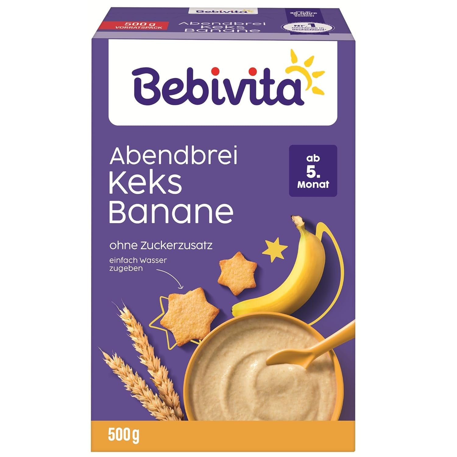 Papilla de noche con galletas y plátanos (4x500 g), papilla de leche a partir de 5 meses, sin azúcares añadidos, con valiosos minerales y vitaminas, muy saciante