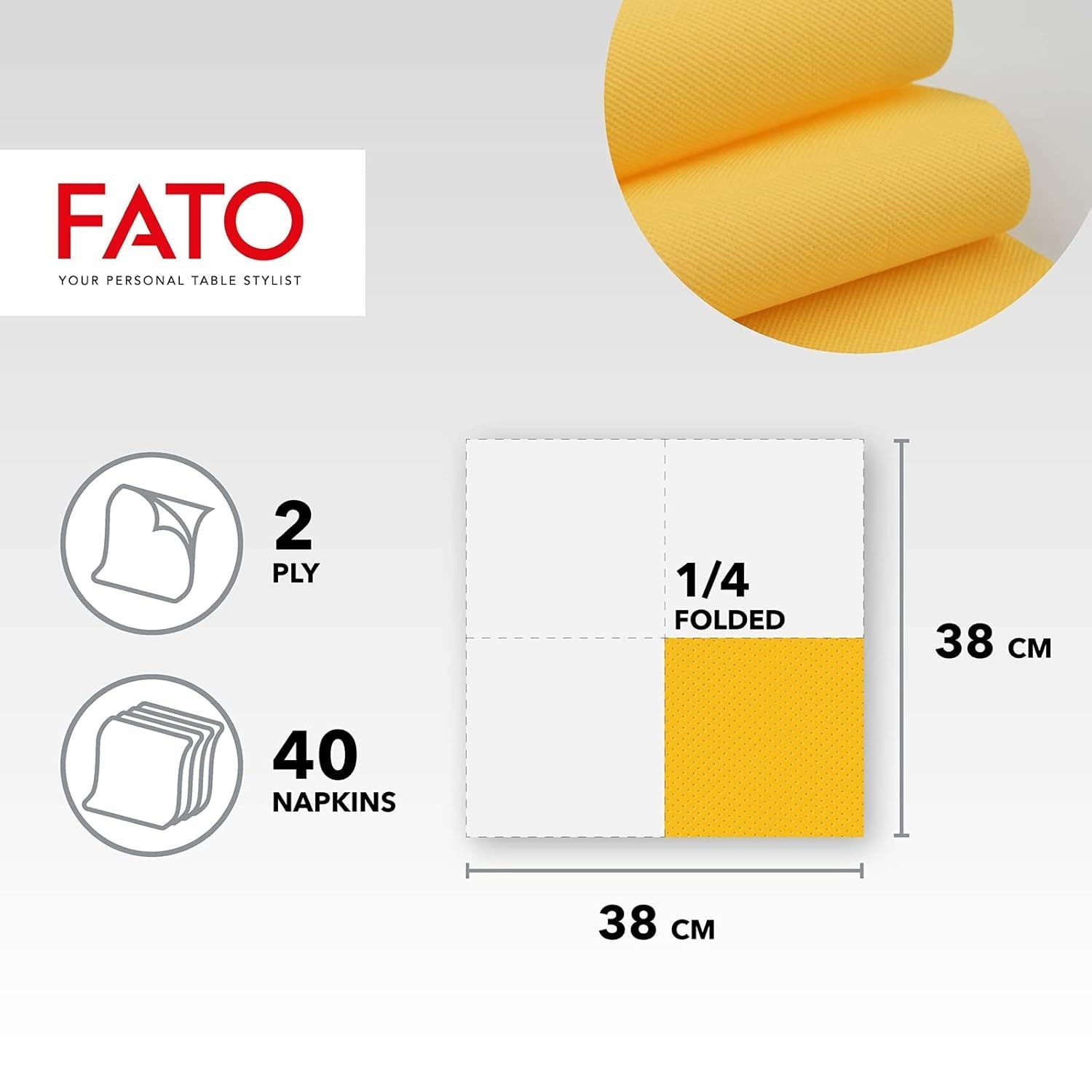 - Papel de seda desechable suave y delicado, paquete de 40 pañuelos, tamaño 38X38 plegado en 4, 2 capas, color amarillo, papel 100% pura celulosa, certificado FSC (paquete de 2)