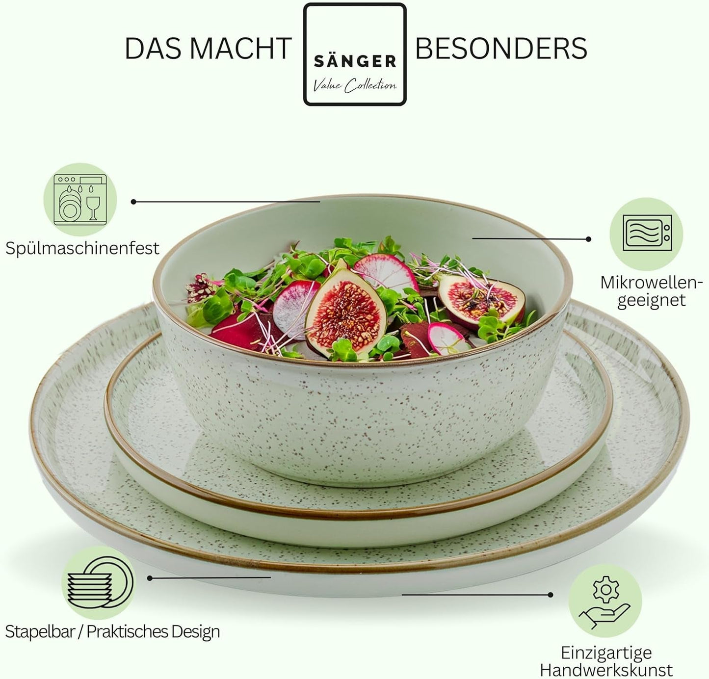 SÄNGER Río Casa de la Moneda | Juego de Vajilla de Gres para 6, 6 Platos, 6 Platos de Postre, 6 Cuencos, Verde Menta | LA COLECCIÓN DE VALOR