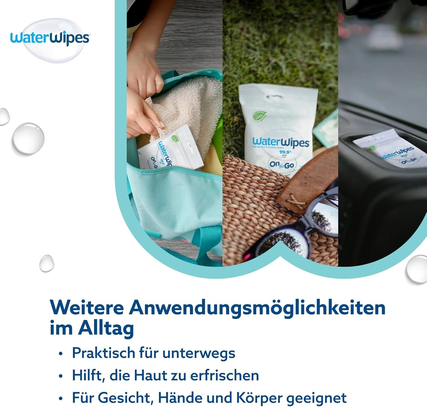 Toallitas húmedas WaterWipes Sensitive+ On The Go, 100 toallitas (paquete de 10), 3 en 1 limpia, cuida, protege, 99,9 % agua, toallitas sin fragancia