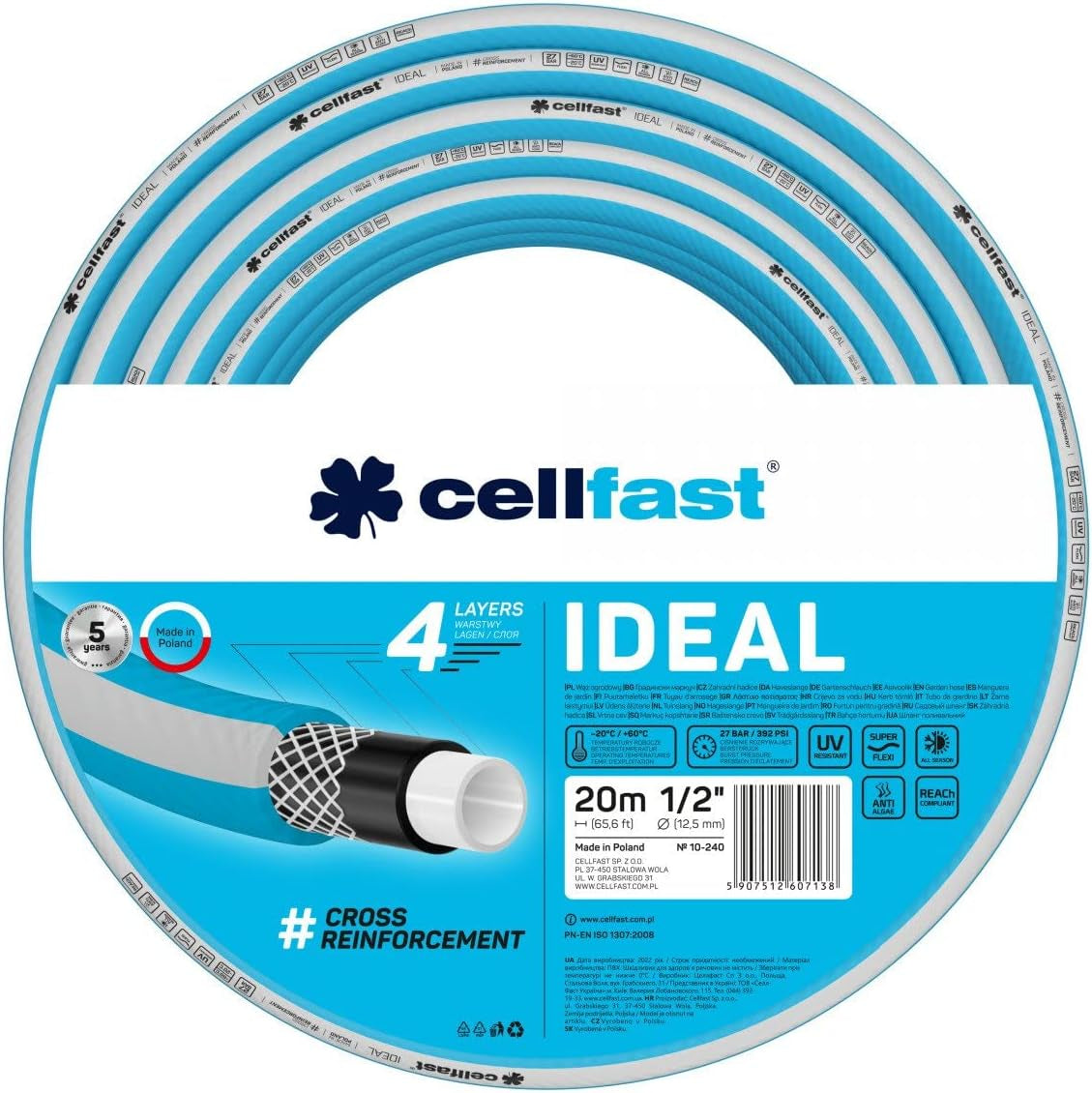 Manguera de jardín Cellfast IDEAL, Duradera, Flexible, 4 capas, Trenza cruzada duradera, Resistente a los rayos UV y a las algas, Tecnología REACH, 27 bar, -20/+60° corta duración 1/2", 20m